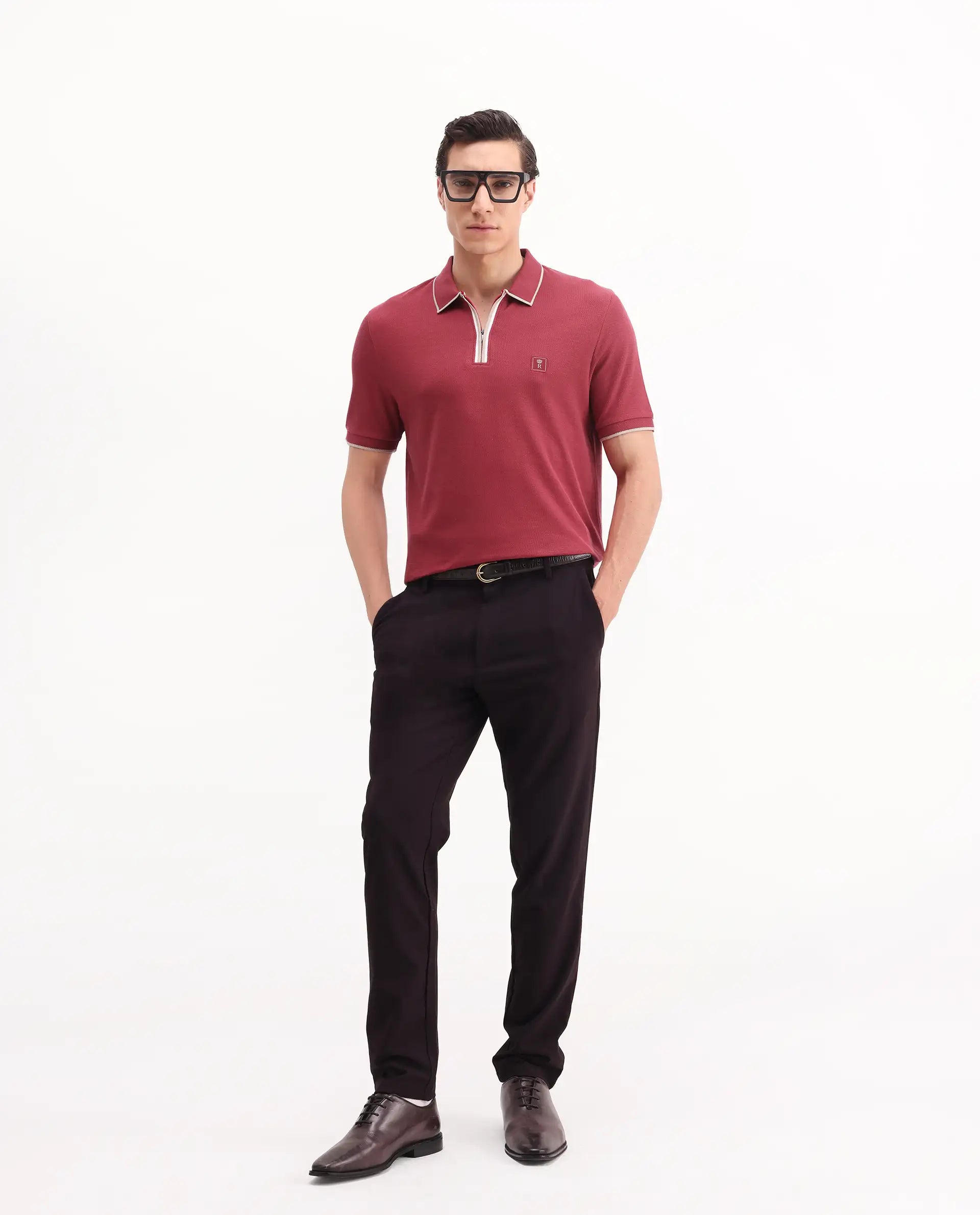 Rare Rabbit Men's Burrow Red Cotton Plain Regular Fit Half Sleeve Polo