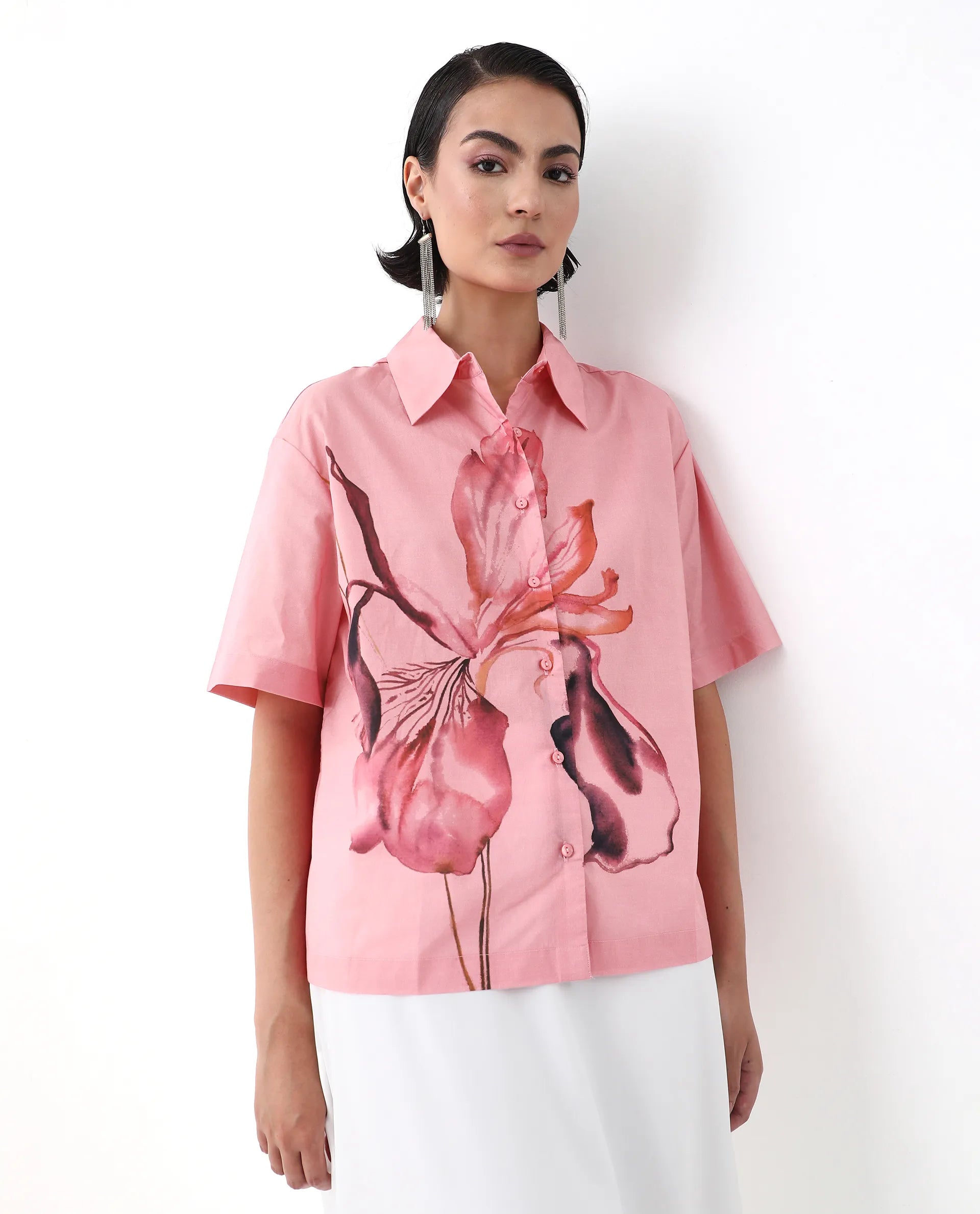 Rareism Women's Businge Dusky Pink Cotton Spread Collar Abstract Print Boxy Fit Shirt