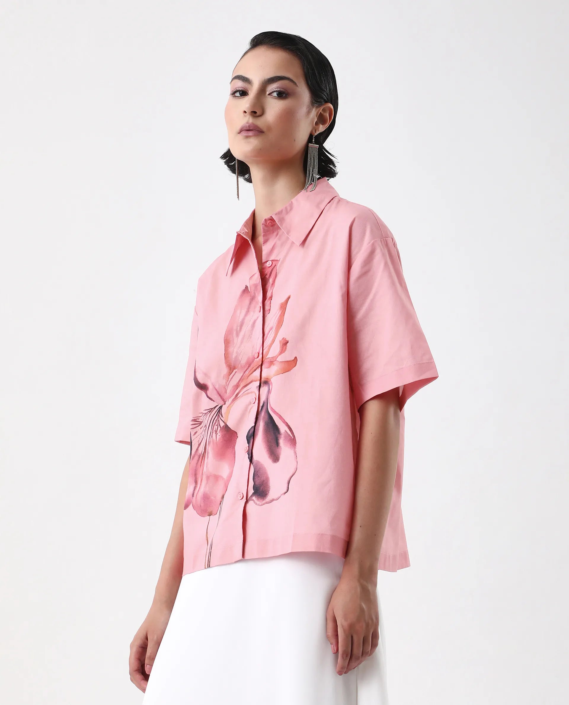 Rareism Women's Businge Dusky Pink Cotton Spread Collar Abstract Print Boxy Fit Shirt