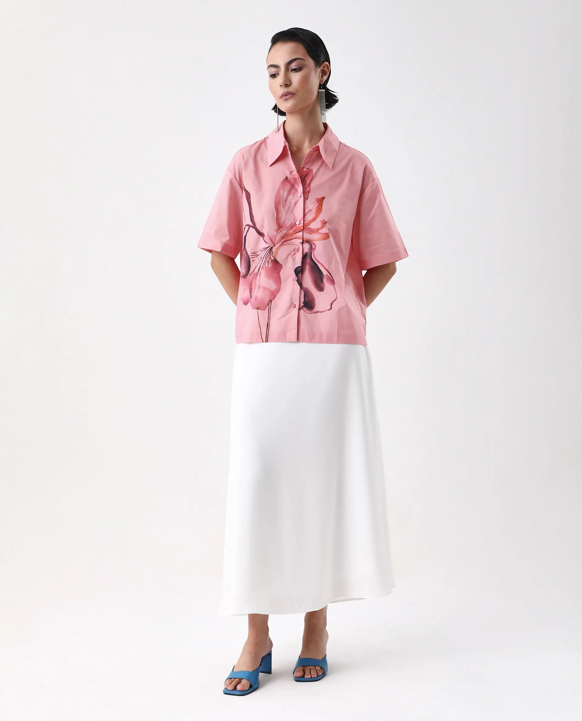 Rareism Women's Businge Dusky Pink Cotton Spread Collar Abstract Print Boxy Fit Shirt