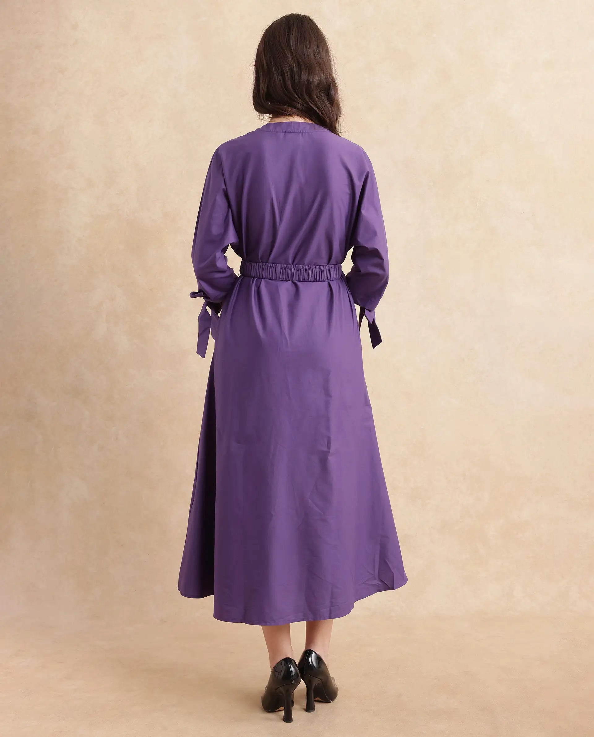 Rareism Women's Buyn Purple  V-Neck  Tie Up Sleeve Plain Flared Midi Dress