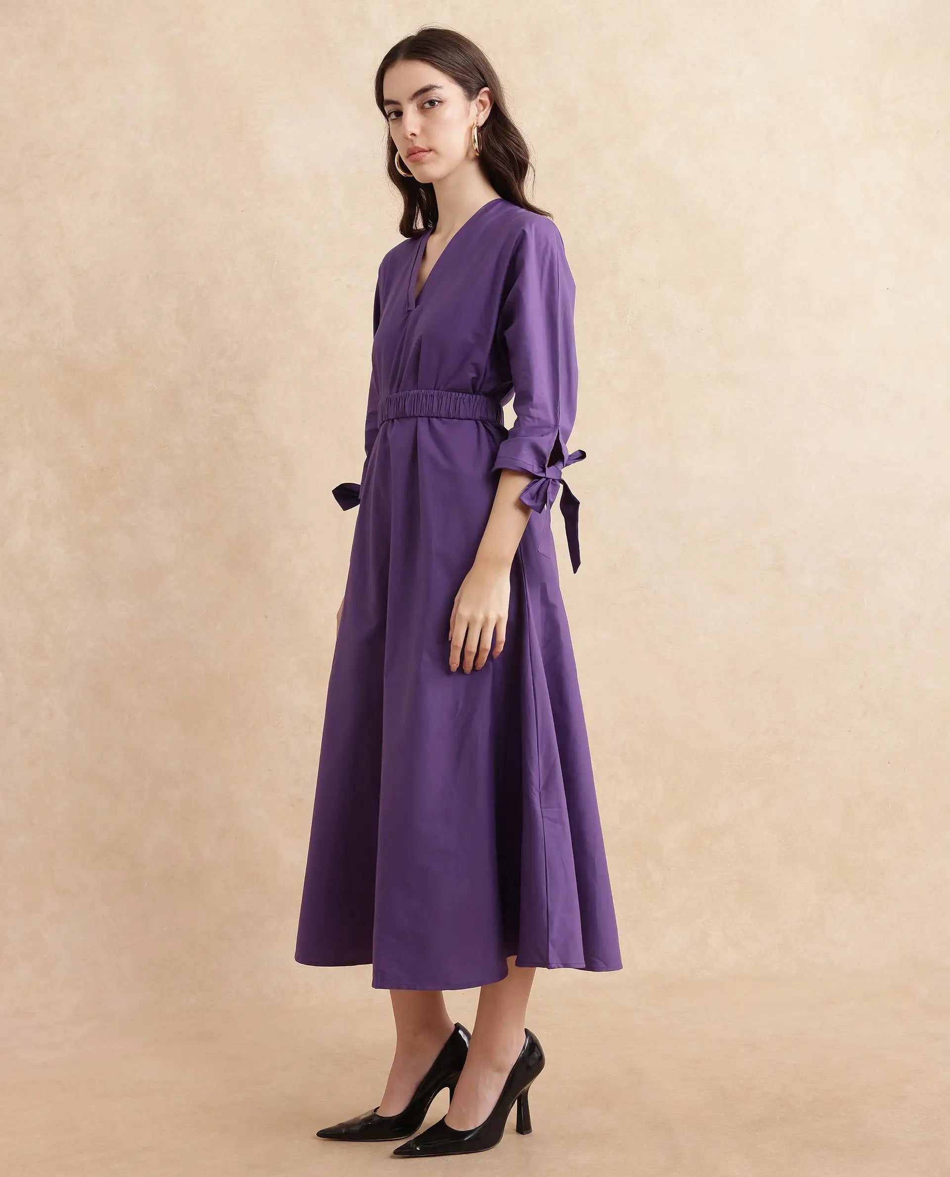 Rareism Women's Buyn Purple  V-Neck  Tie Up Sleeve Plain Flared Midi Dress