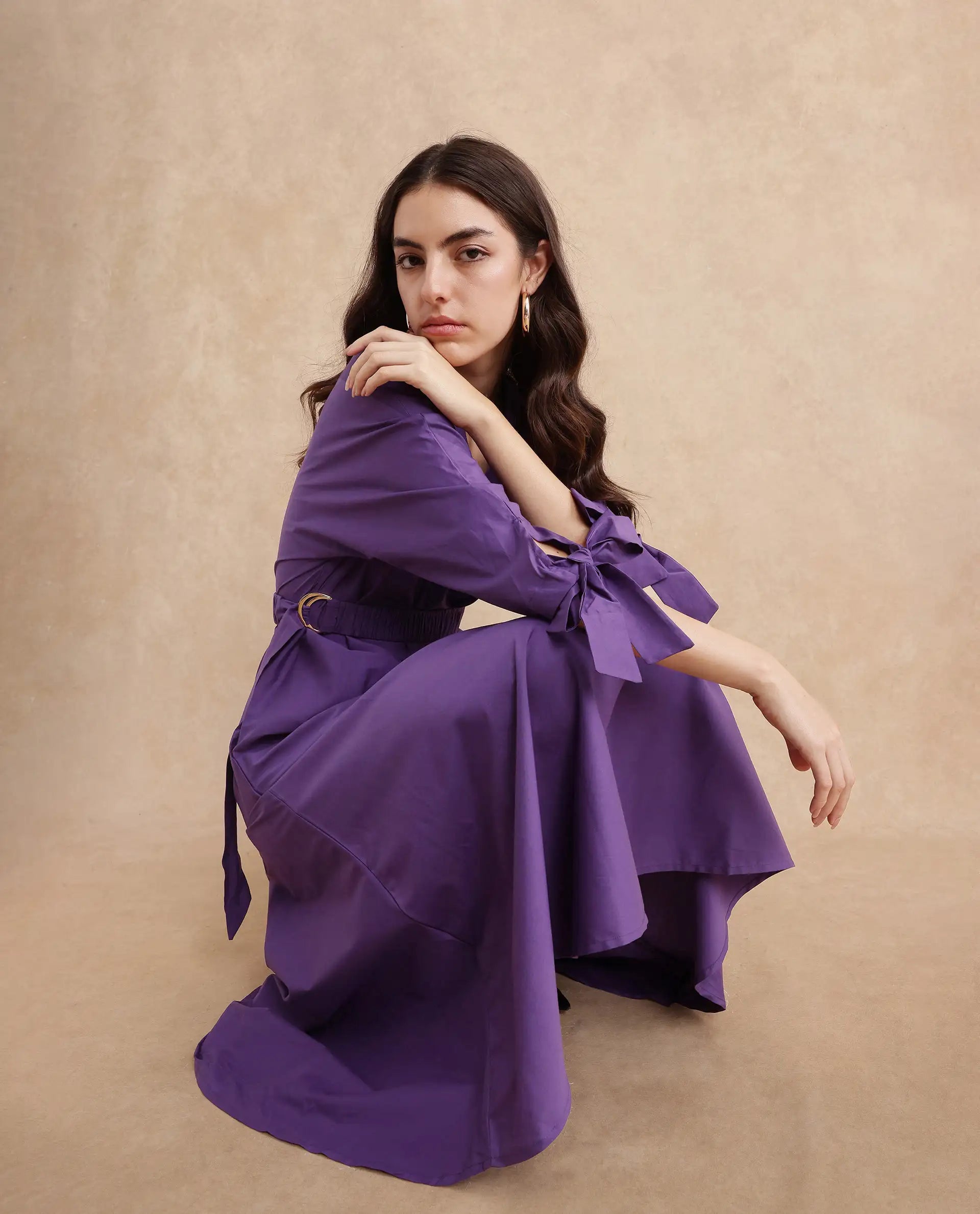 Rareism Women's Buyn Purple  V-Neck  Tie Up Sleeve Plain Flared Midi Dress