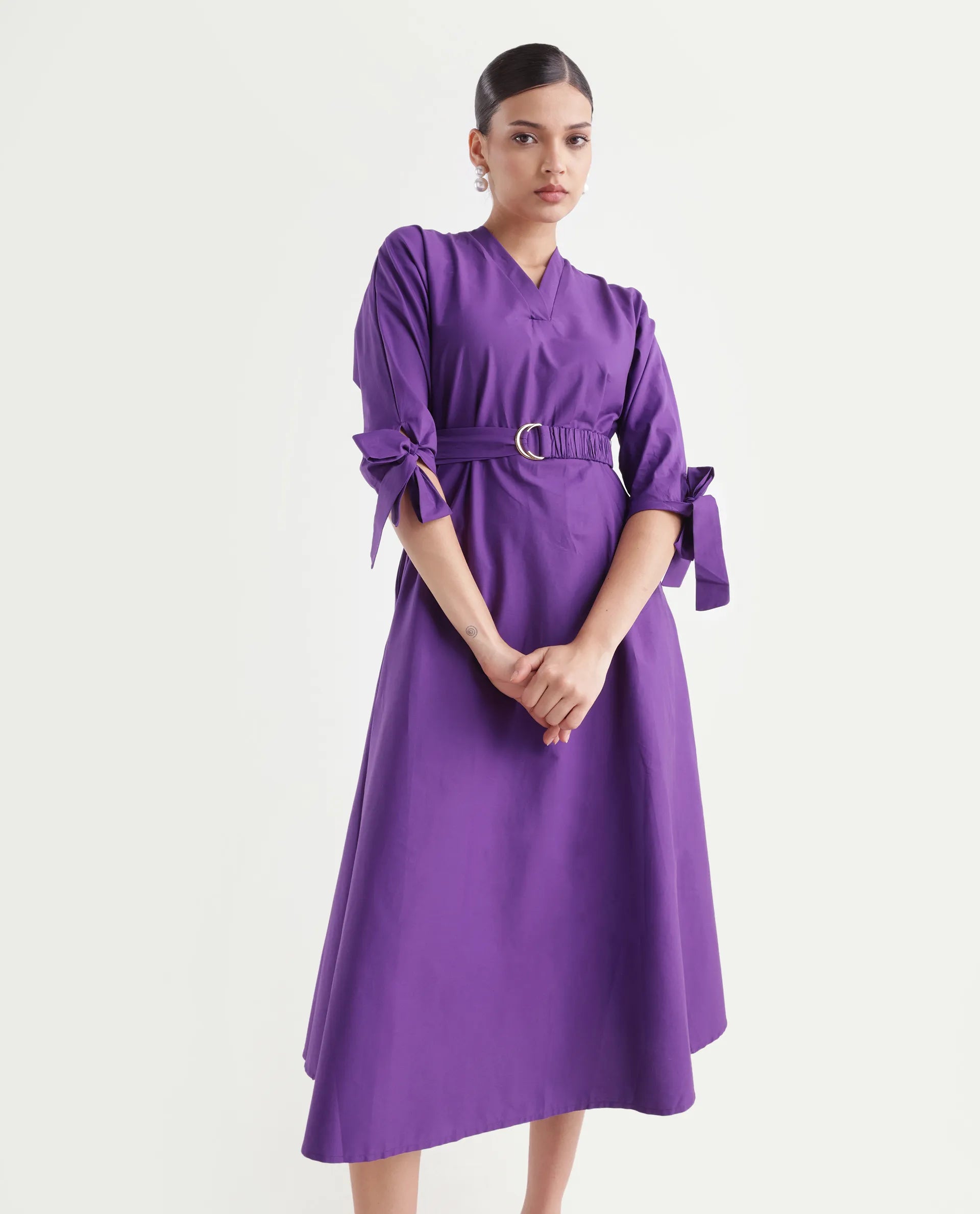 Rareism Women's Buyn Purple Cotton Blend V-Neck Plain Tie Up Sleeve Midi Flared Dress