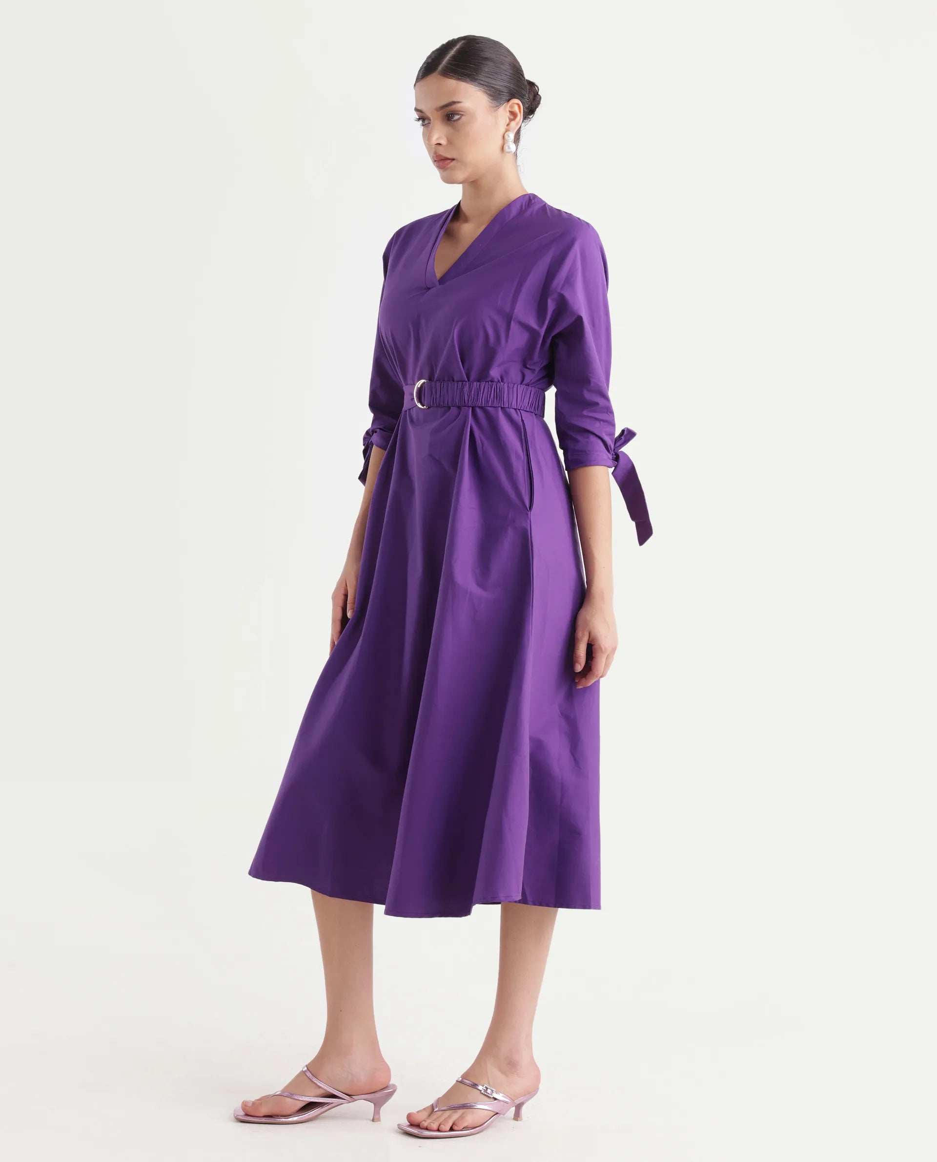 Rareism Women's Buyn Purple Cotton Blend V-Neck Plain Tie Up Sleeve Midi Flared Dress