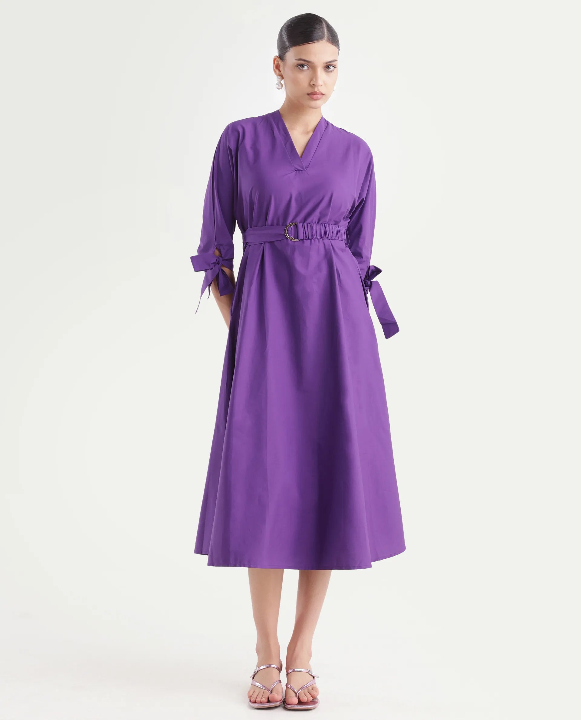 Rareism Women's Buyn Purple Cotton Blend V-Neck Plain Tie Up Sleeve Midi Flared Dress