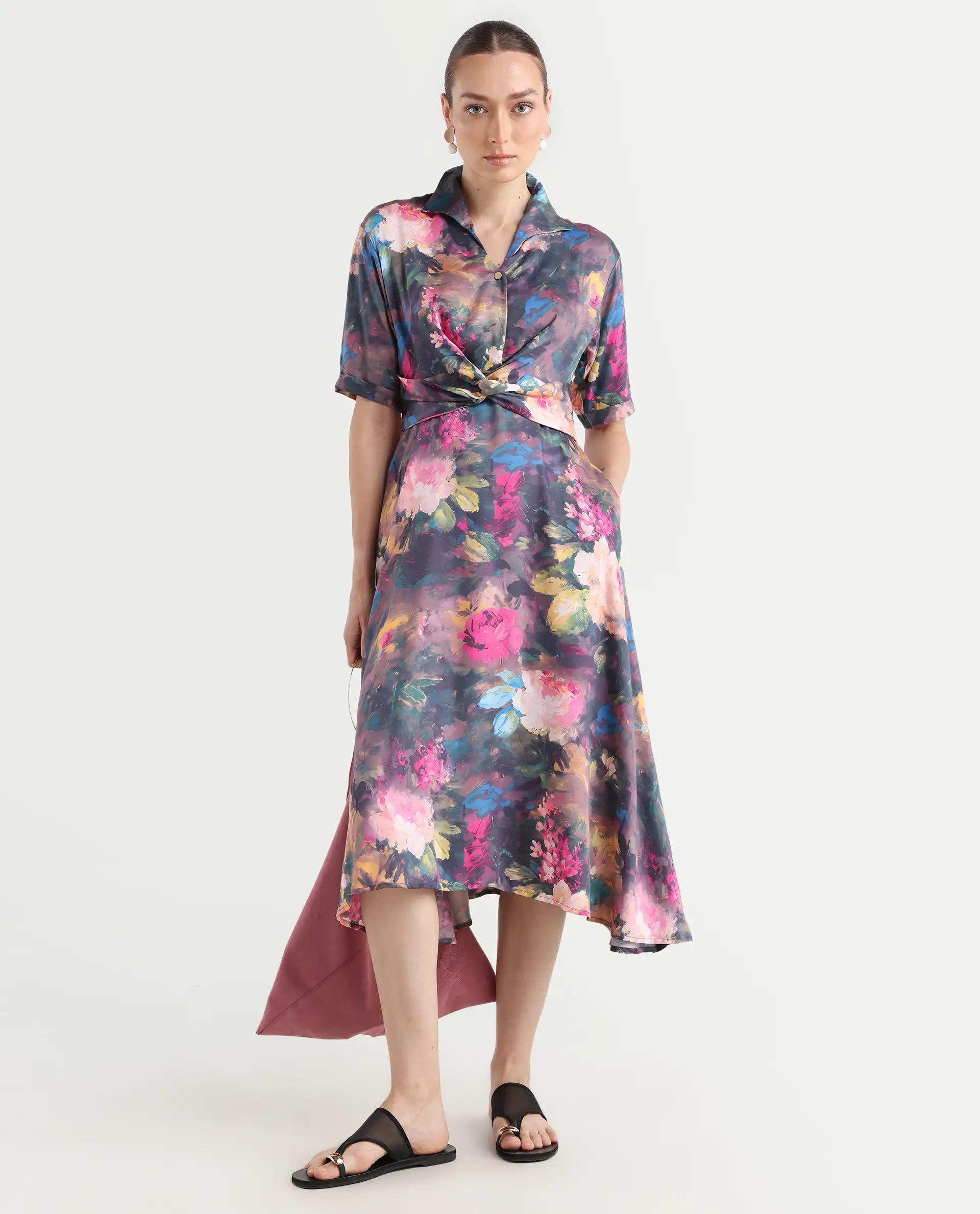 Rareism Women's Buzhi Multi Cotton Blend Spread Collar Floral Print Midi Fit And Flare Dress