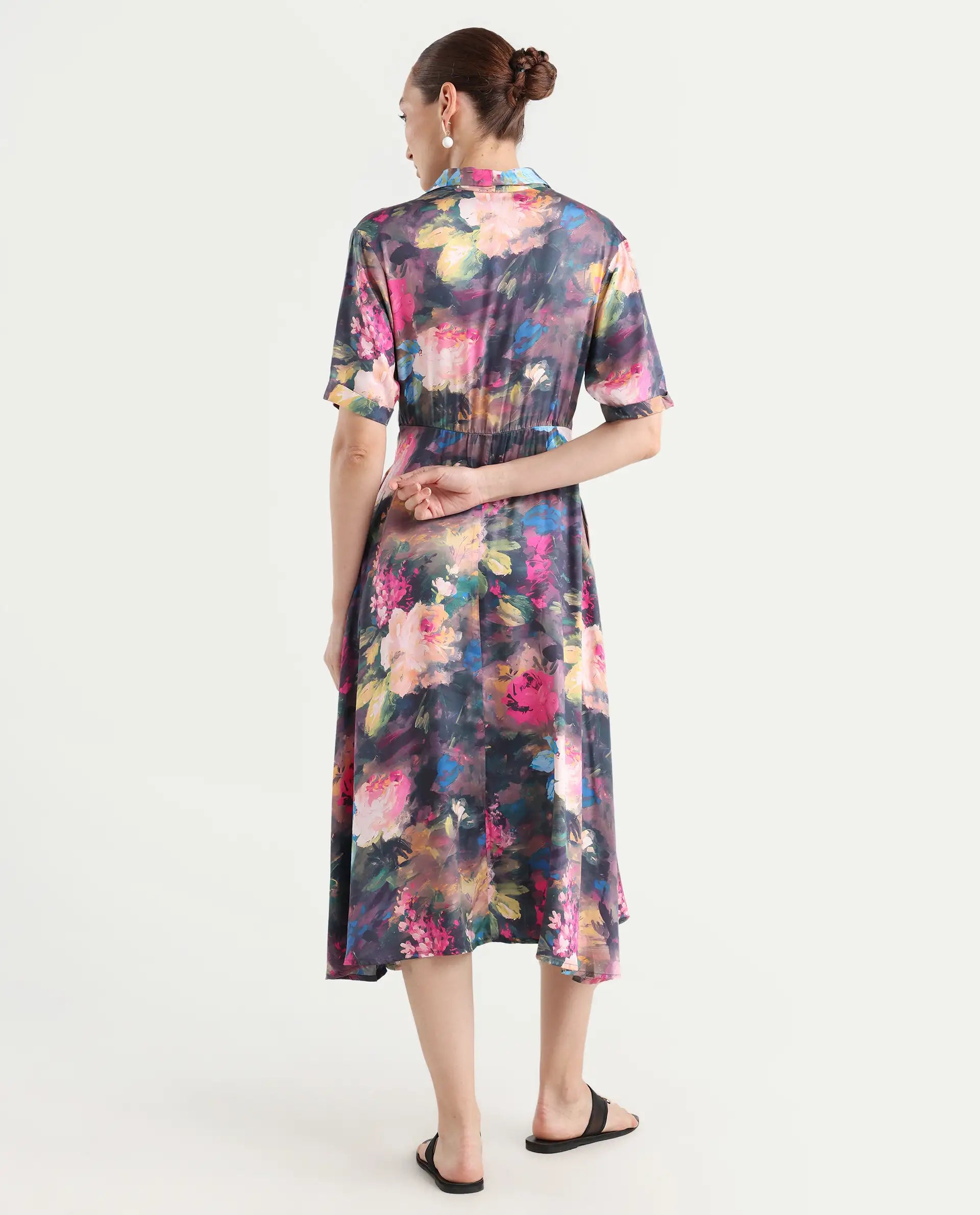 Rareism Women's Buzhi Multi Cotton Blend Spread Collar Floral Print Midi Fit And Flare Dress