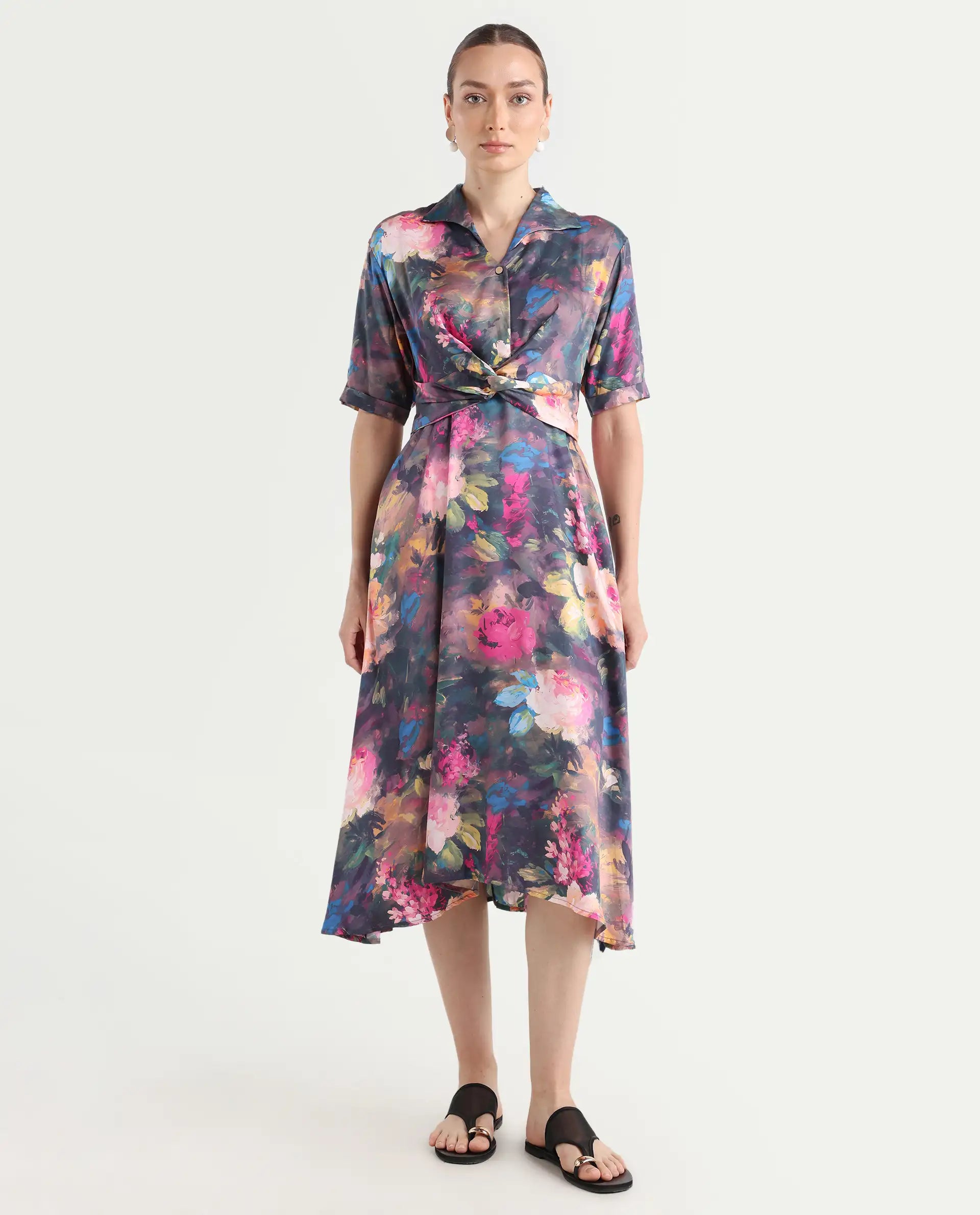 Rareism Women's Buzhi Multi Cotton Blend Spread Collar Floral Print Midi Fit And Flare Dress