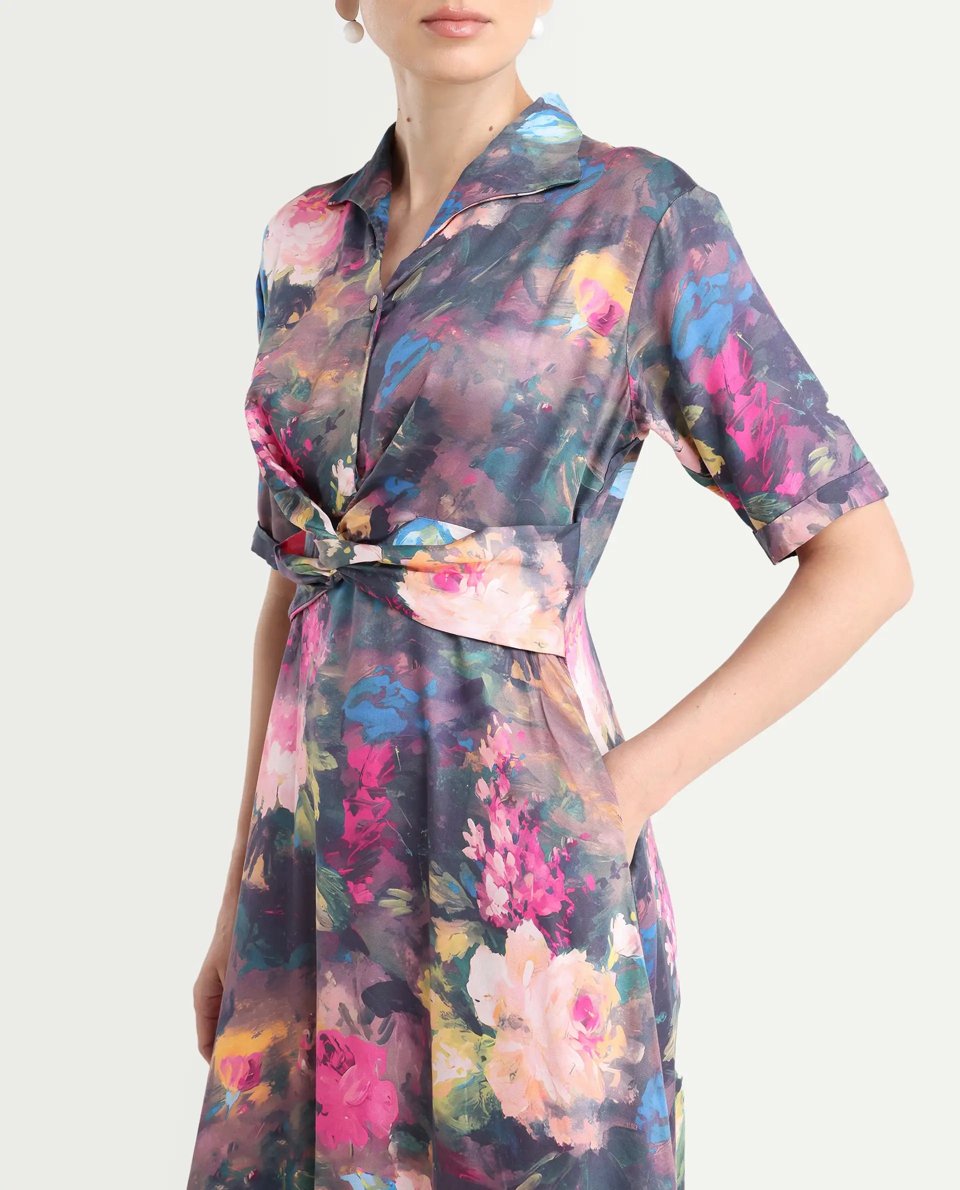 Rareism Women's Buzhi Multi Cotton Blend Spread Collar Floral Print Midi Fit And Flare Dress