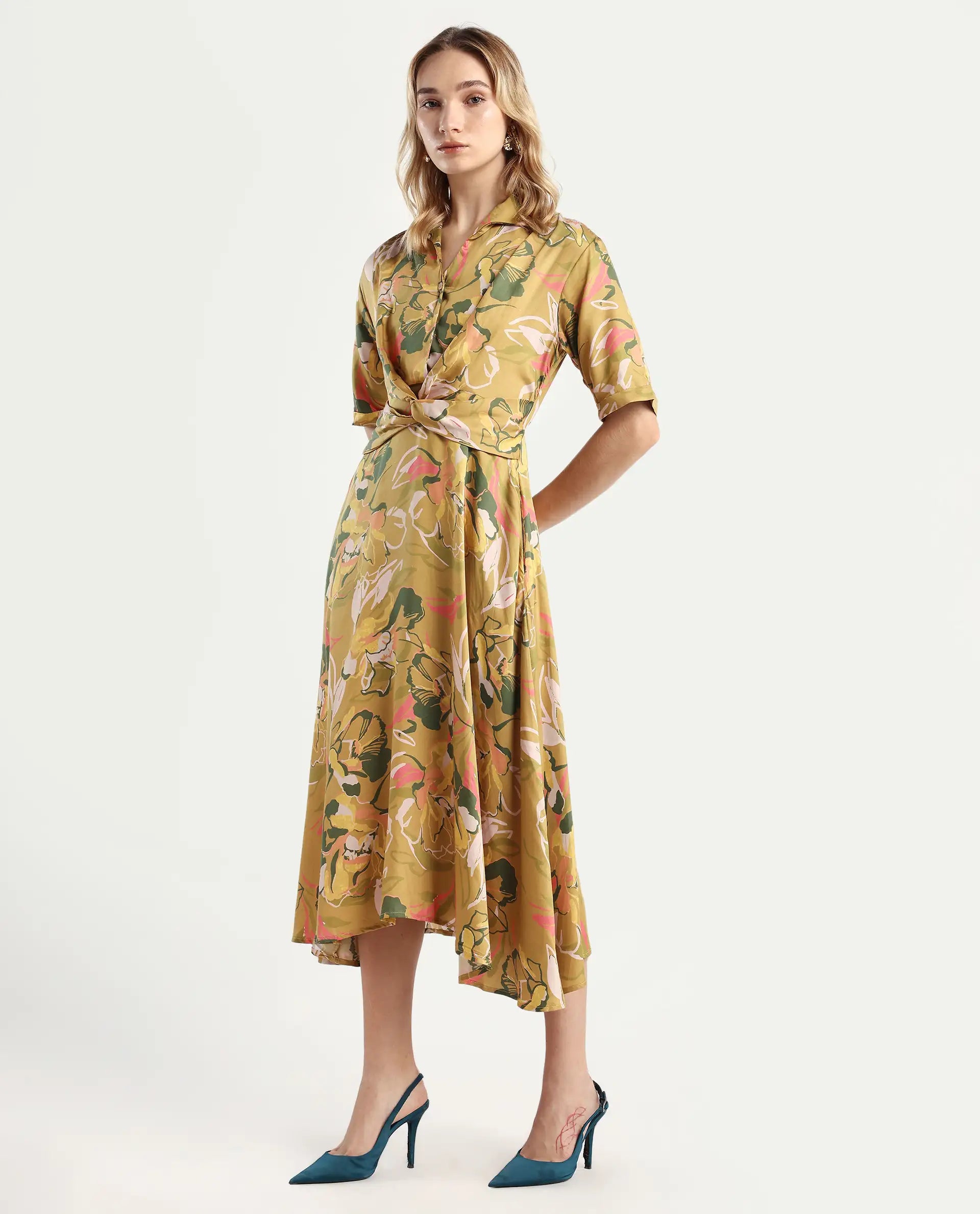 Rareism Women's Buzhip Multi Cotton Blend Drop Collar Floral Print Midi Fit And Flare Dress