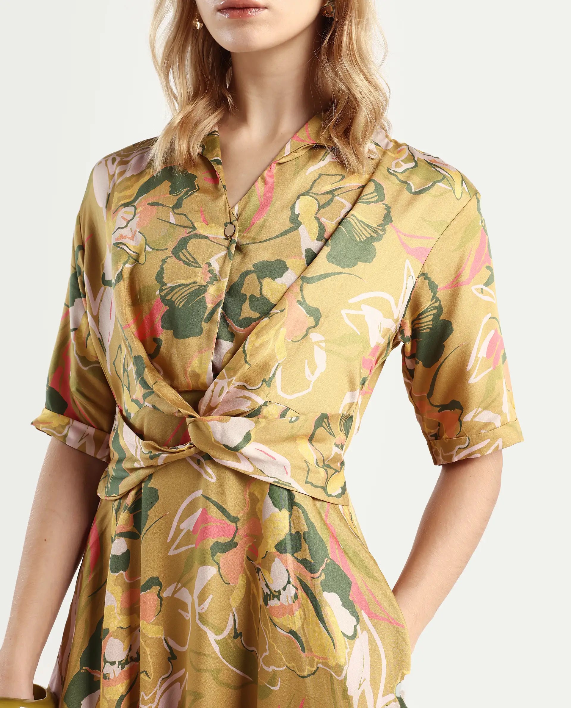 Rareism Women's Buzhip Multi Cotton Blend Drop Collar Floral Print Midi Fit And Flare Dress