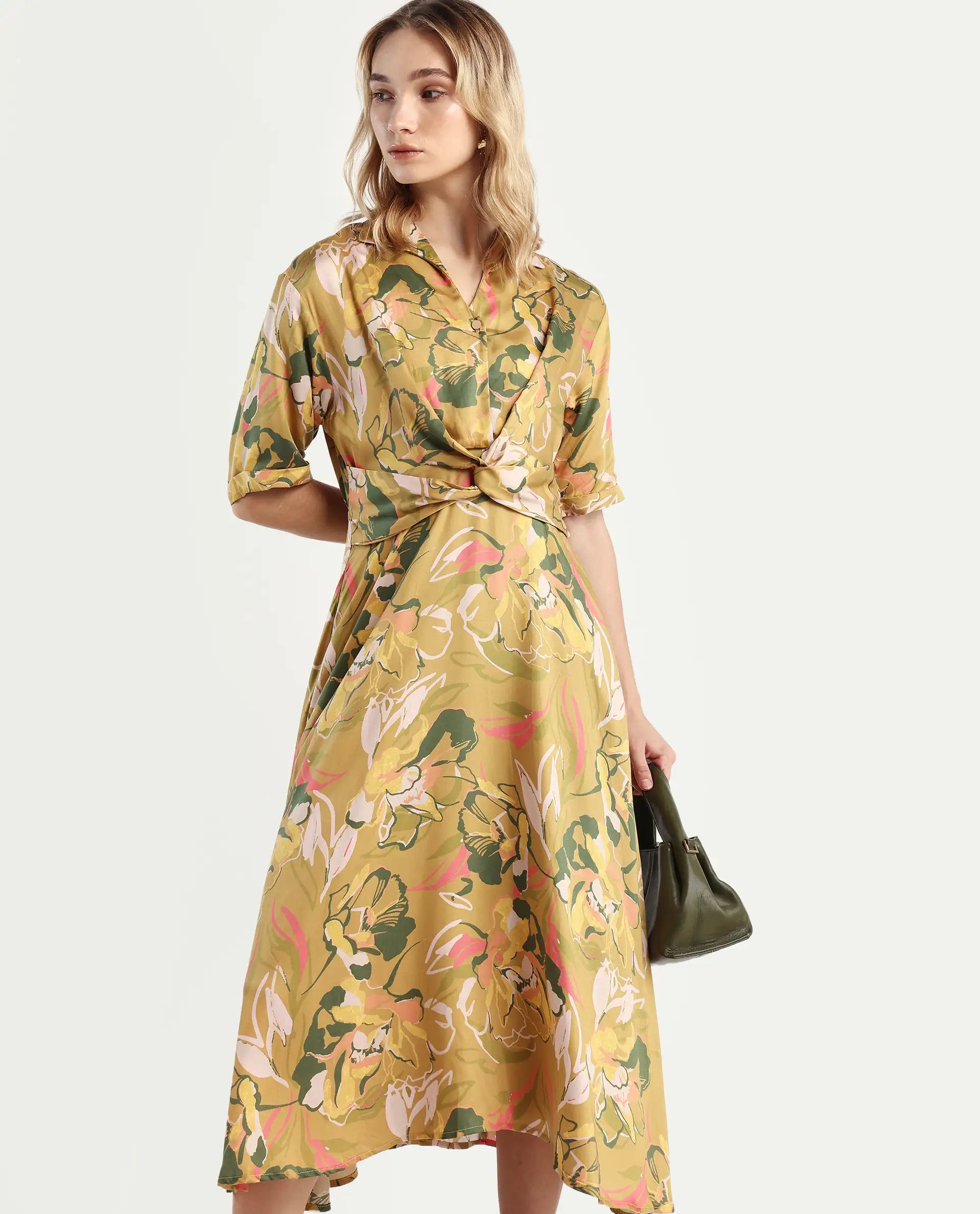 Rareism Women's Buzhip Multi Cotton Blend Drop Collar Floral Print Midi Fit And Flare Dress