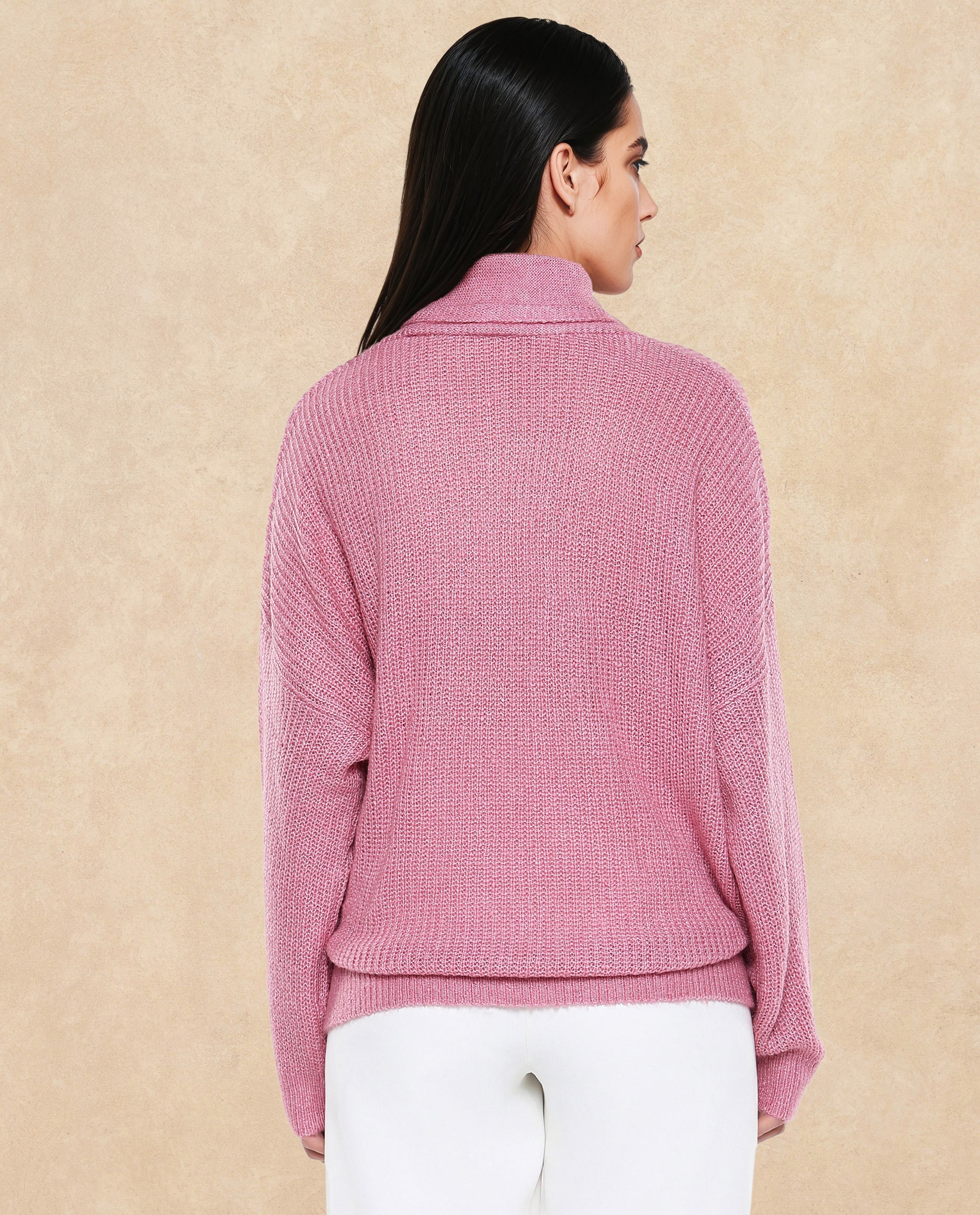 Rareism Women Buzz Light Pink Acrylic Nylon Fabric Oversized Fit Plain Sweater