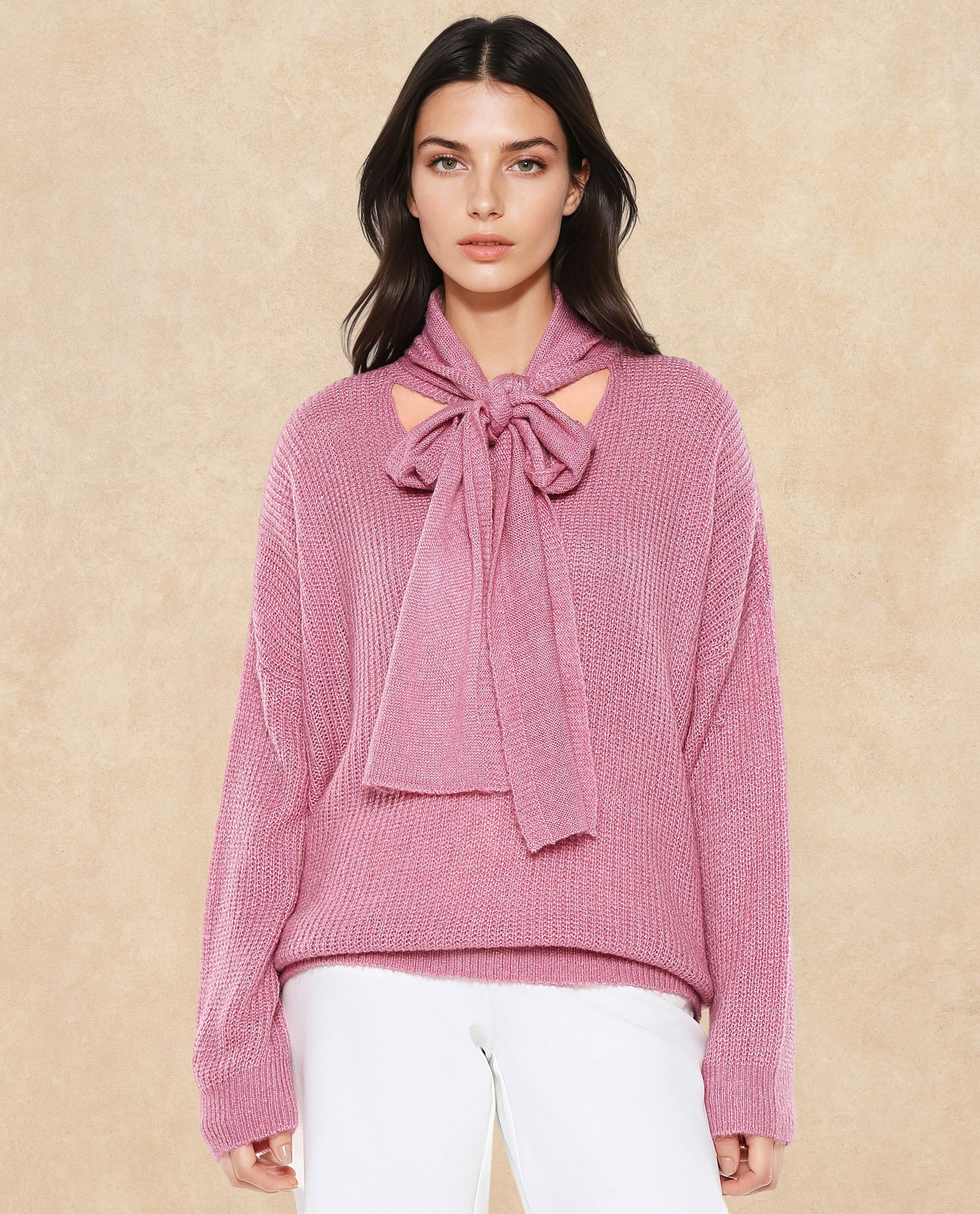 Rareism Women Buzz Light Pink Acrylic Nylon Fabric Oversized Fit Plain Sweater