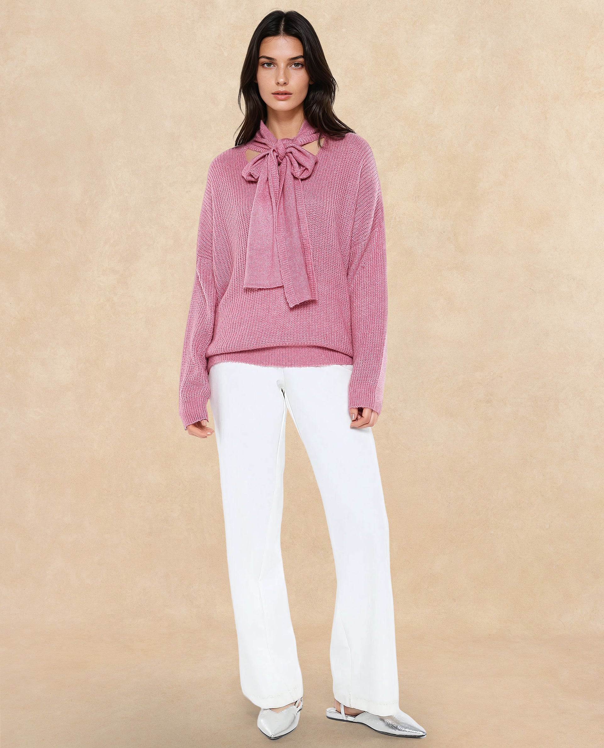 Rareism Women Buzz Light Pink Acrylic Nylon Fabric Oversized Fit Plain Sweater