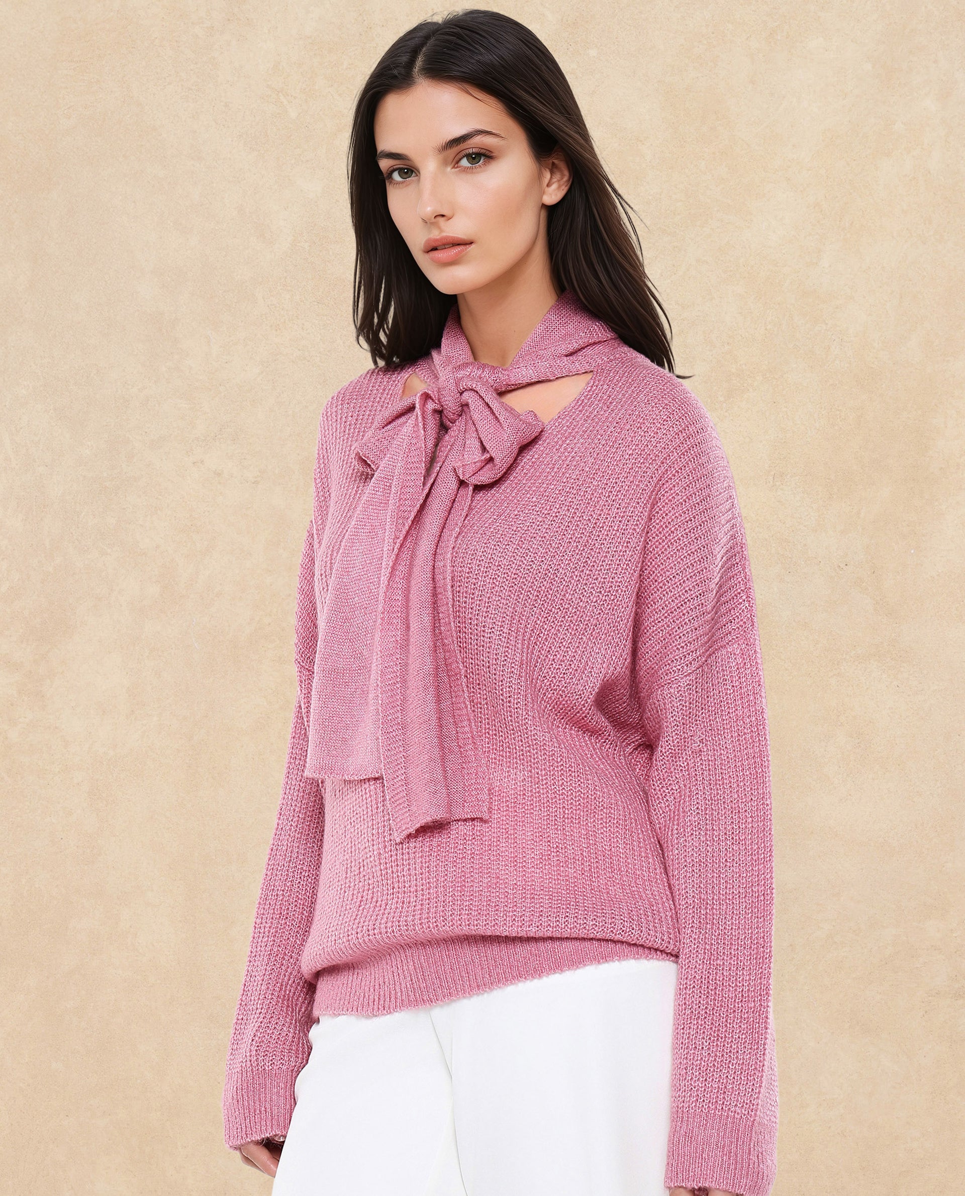 Rareism Women Buzz Light Pink Acrylic Nylon Fabric Oversized Fit Plain Sweater