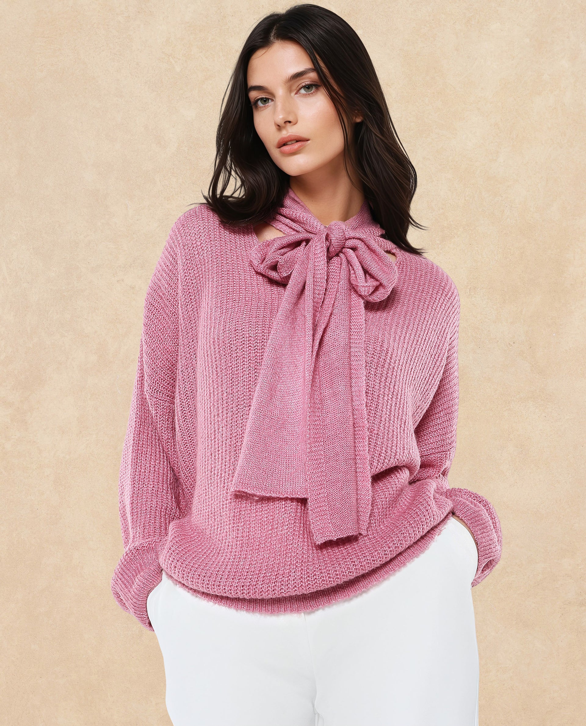 Rareism Women Buzz Light Pink Acrylic Nylon Fabric Oversized Fit Plain Sweater