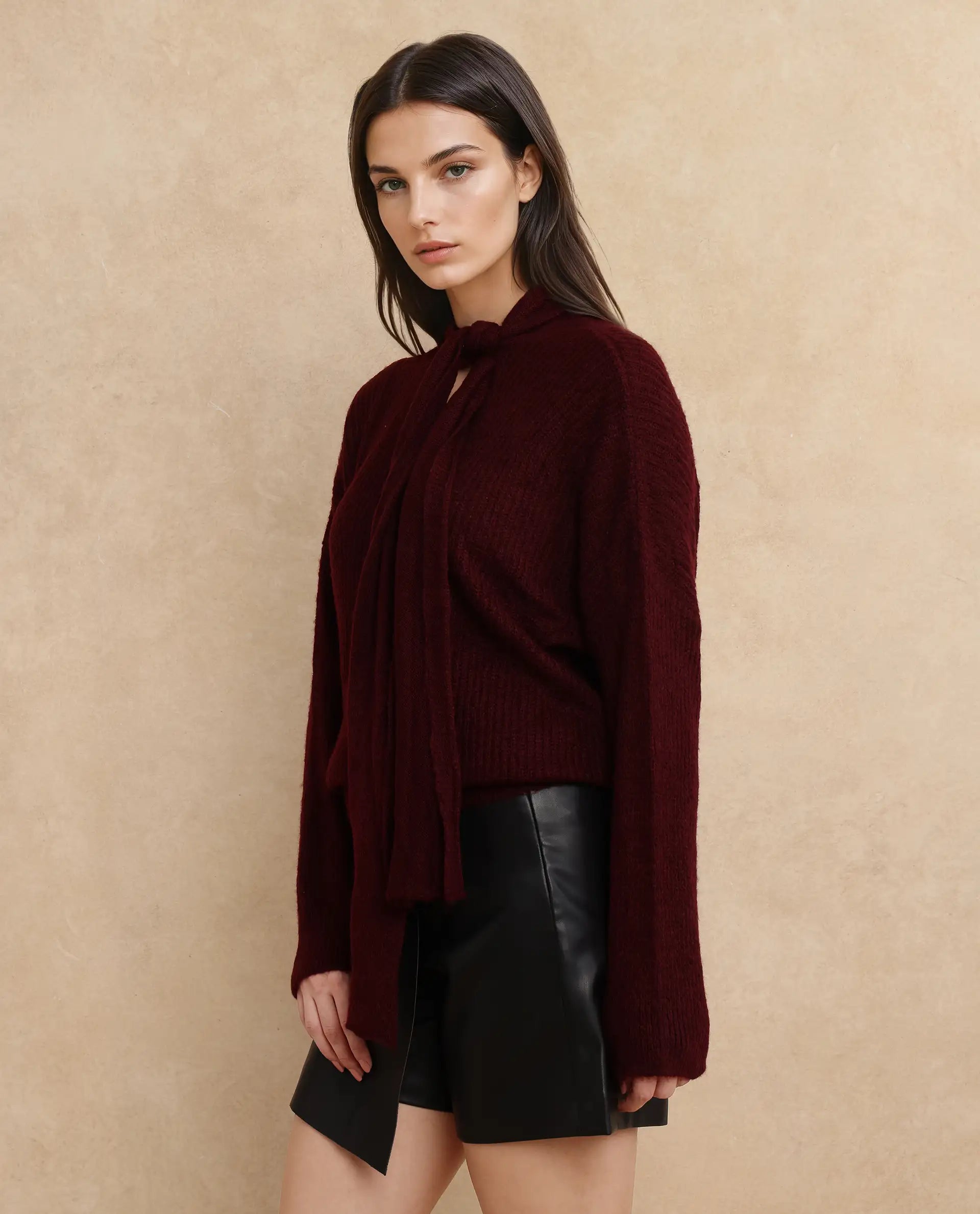 Rareism Women Buzz Maroon Acrylic Nylon Fabric Oversized Fit Plain Sweater