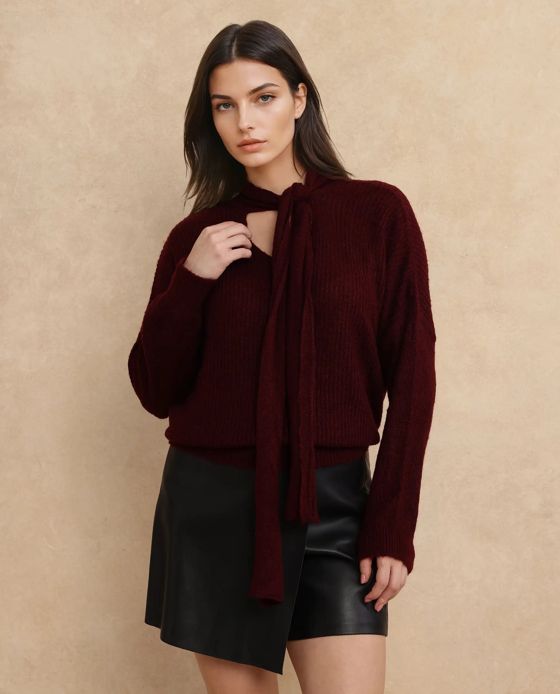 Rareism Women Buzz Maroon Acrylic Nylon Fabric Oversized Fit Plain Sweater