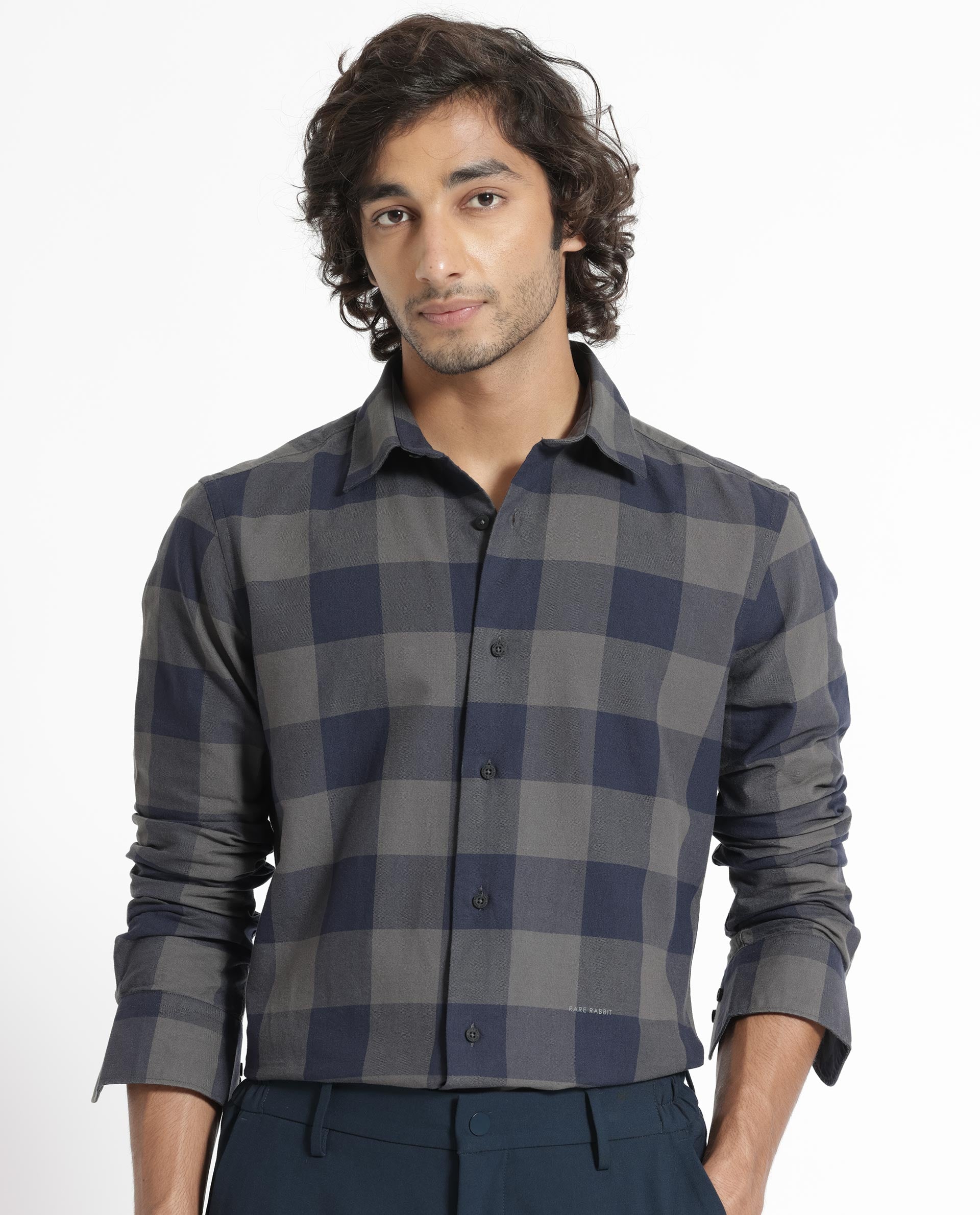 Rare Rabbit Men's Byre Dark Blue Full Sleeves Checks Shirt