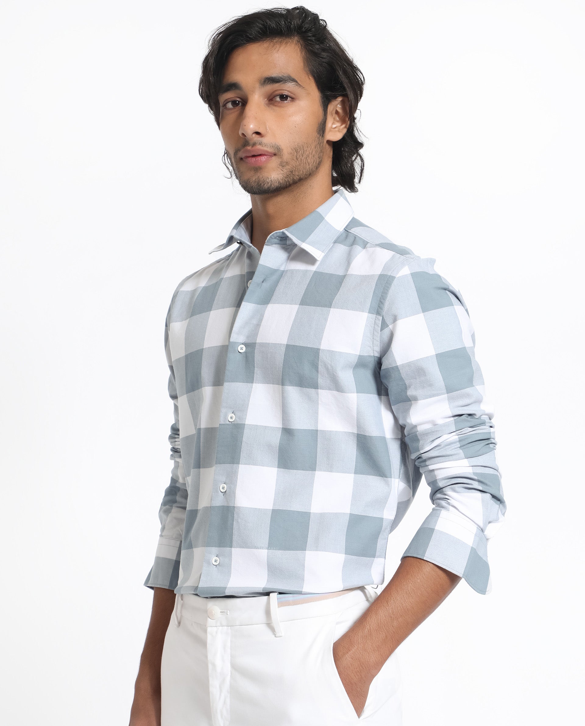 Rare Rabbit Men's Byre Dusky Blue Full Sleeves Checks Shirt