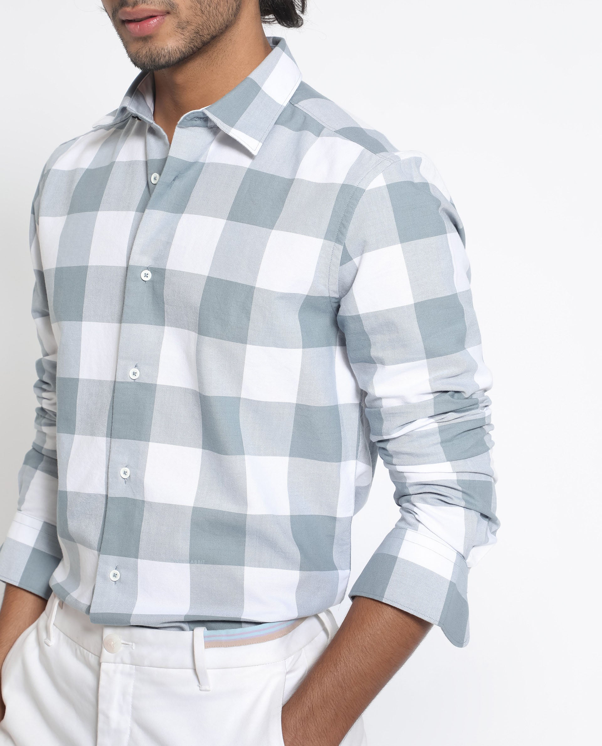 Rare Rabbit Men's Byre Dusky Blue Full Sleeves Checks Shirt