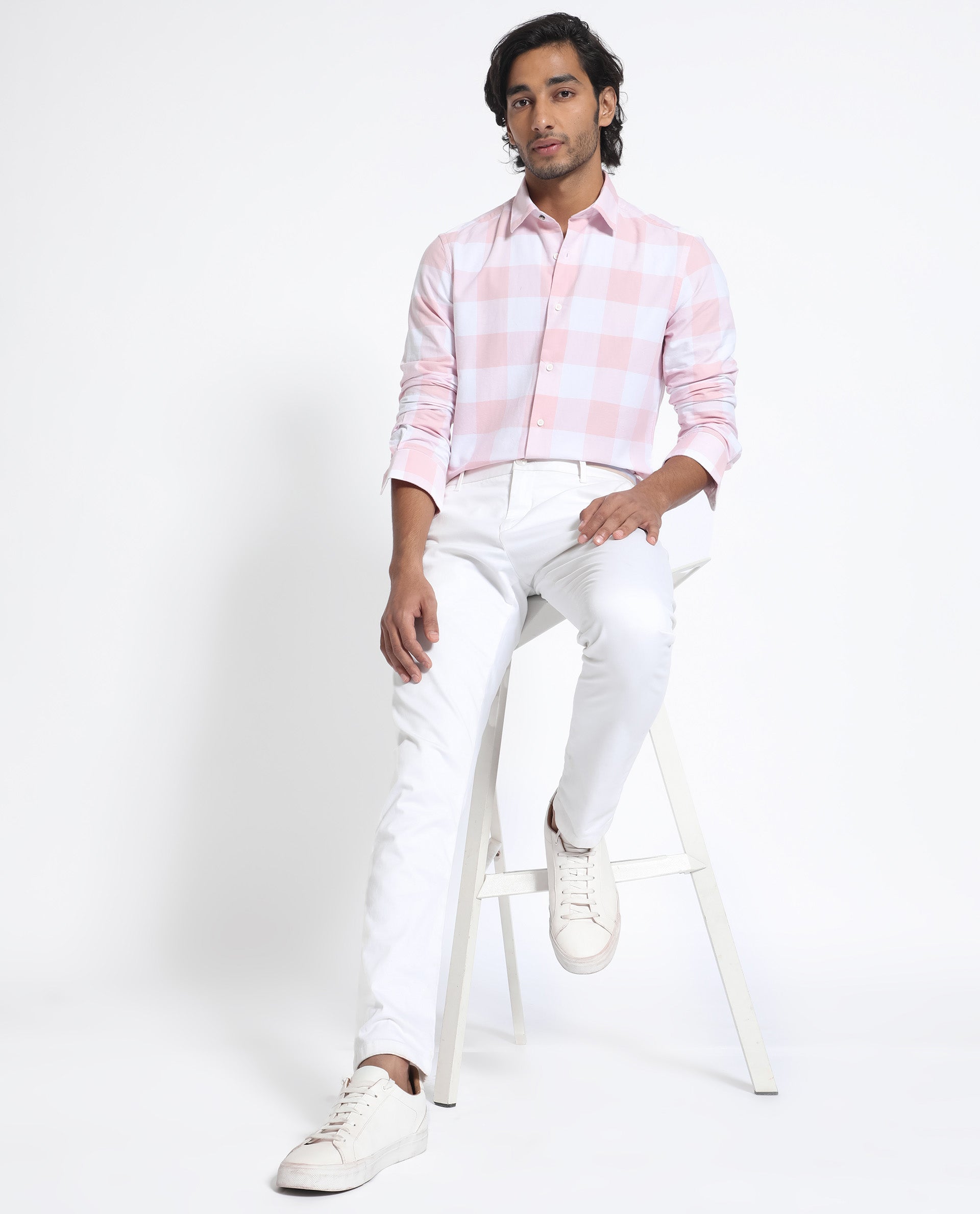 Rare Rabbit Men's Byre Light Pink Full Sleeves Checks Shirt