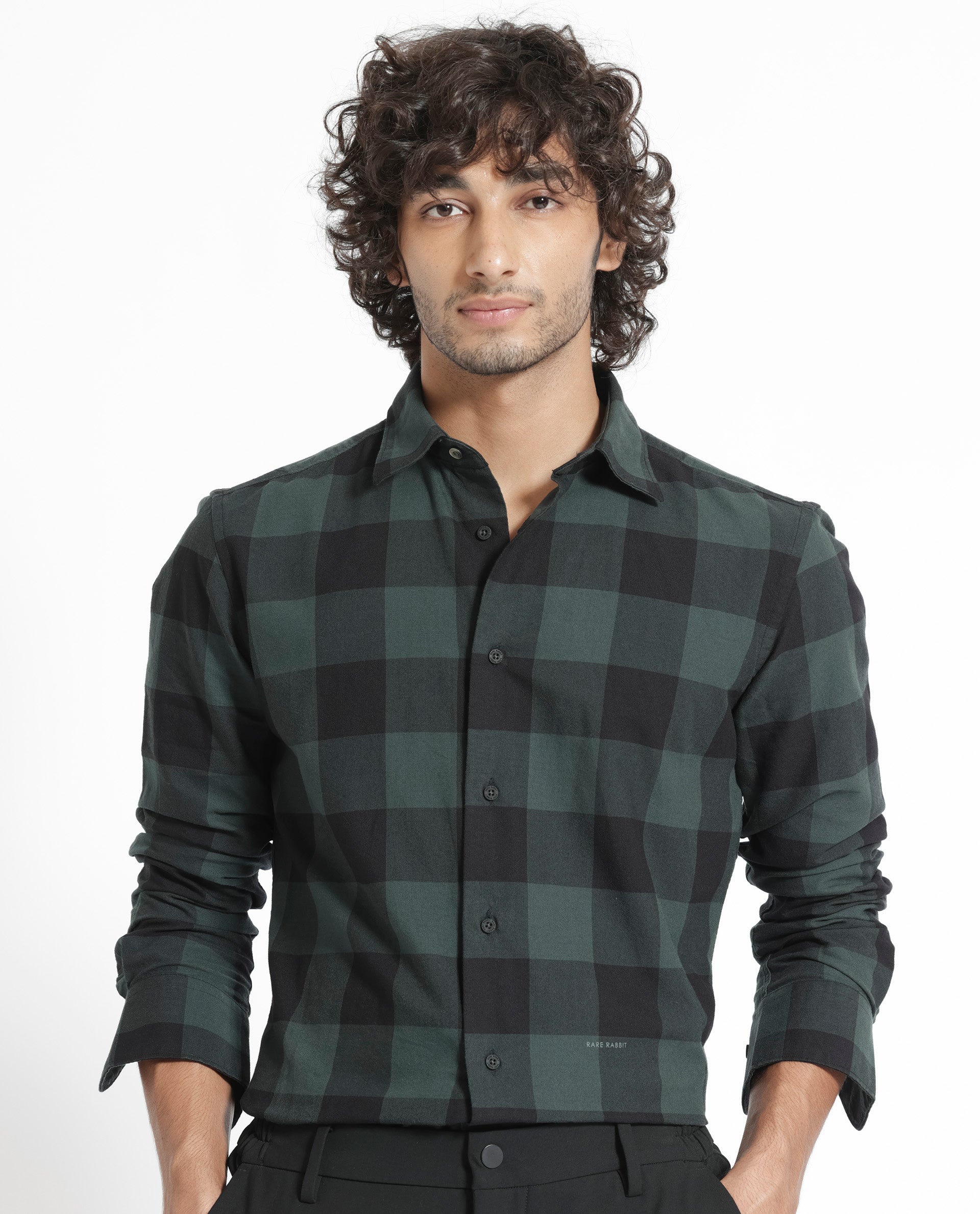 Rare Rabbit Men's Byre Dark Green Cotton Checked Print Regular Fit Full Sleeve Collared Shirt