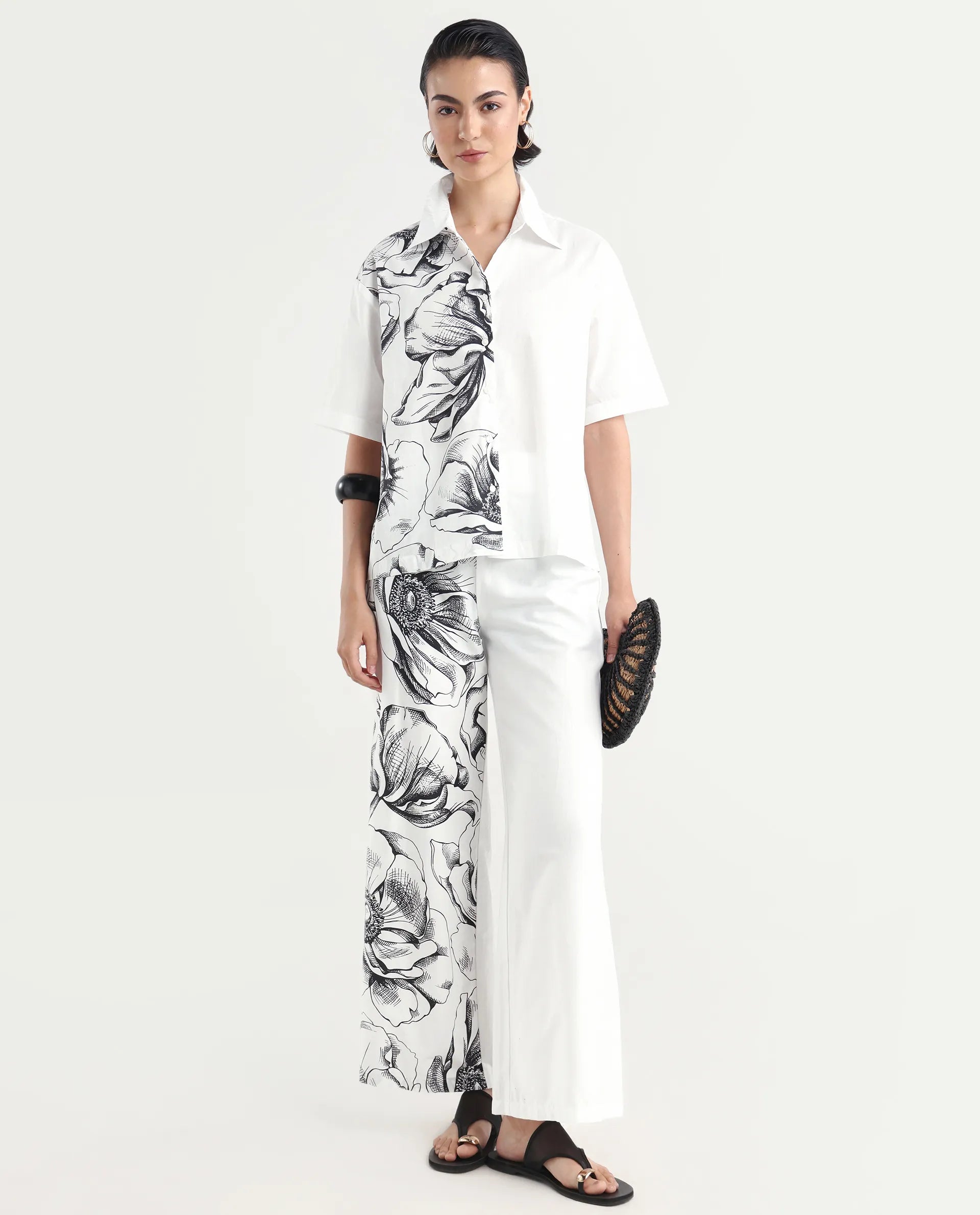 Rareism Women's Byvul White Cotton Spread Collar Floral Print Boxy Fit Shirt