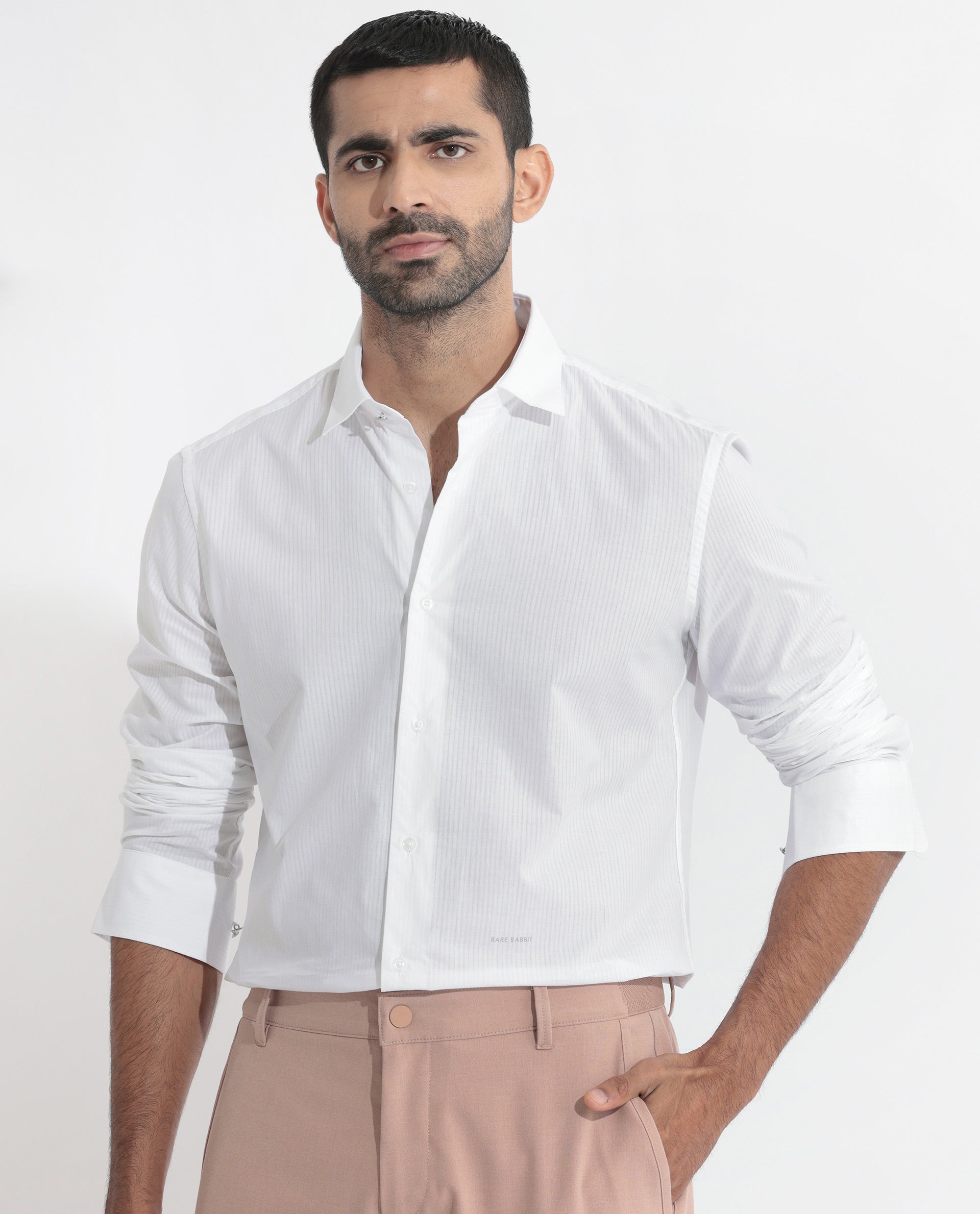 Rare Rabbit Men's Benzin White Cotton Full Sleeves Striped Shirt