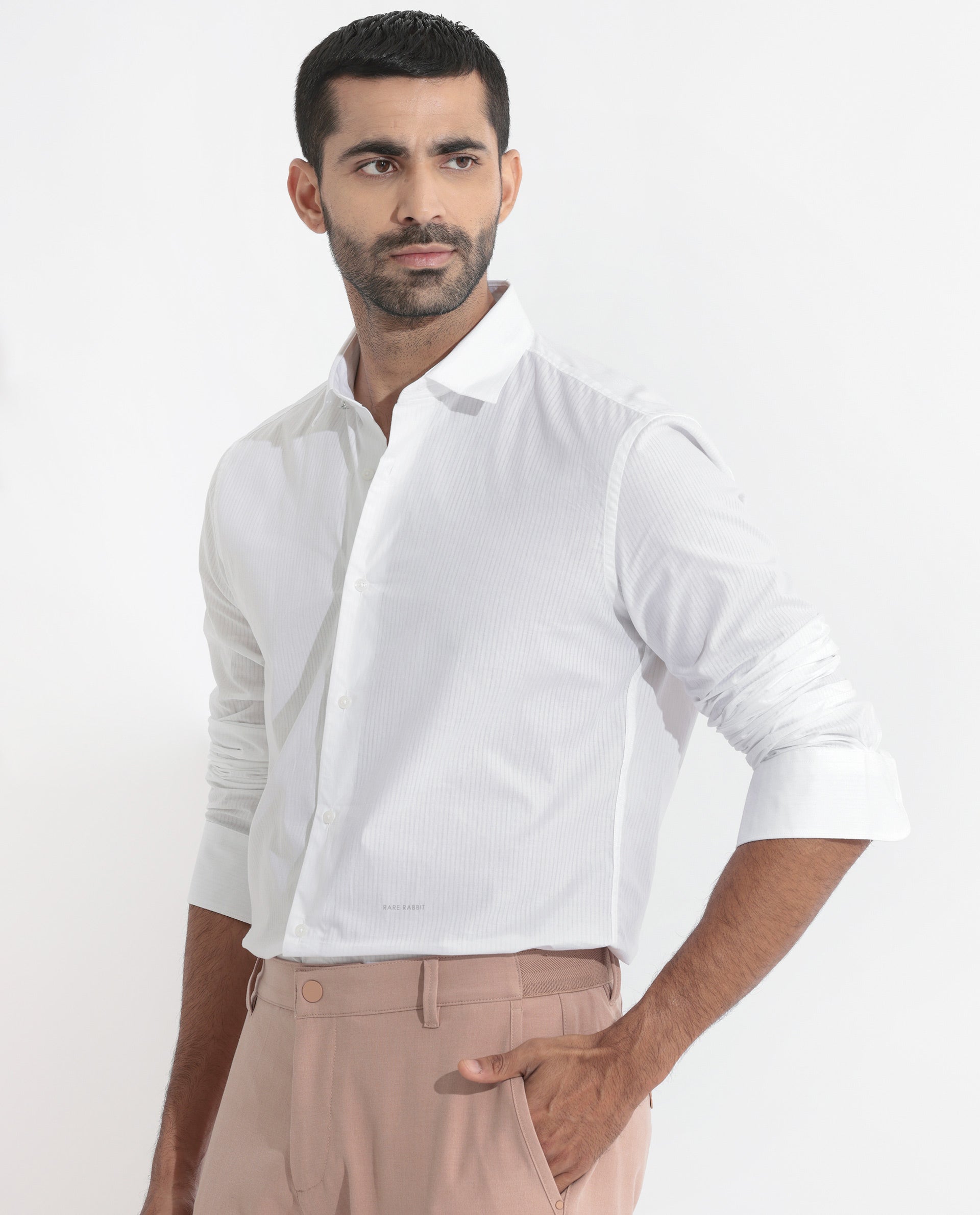 Rare Rabbit Men's Benzin White Cotton Full Sleeves Striped Shirt