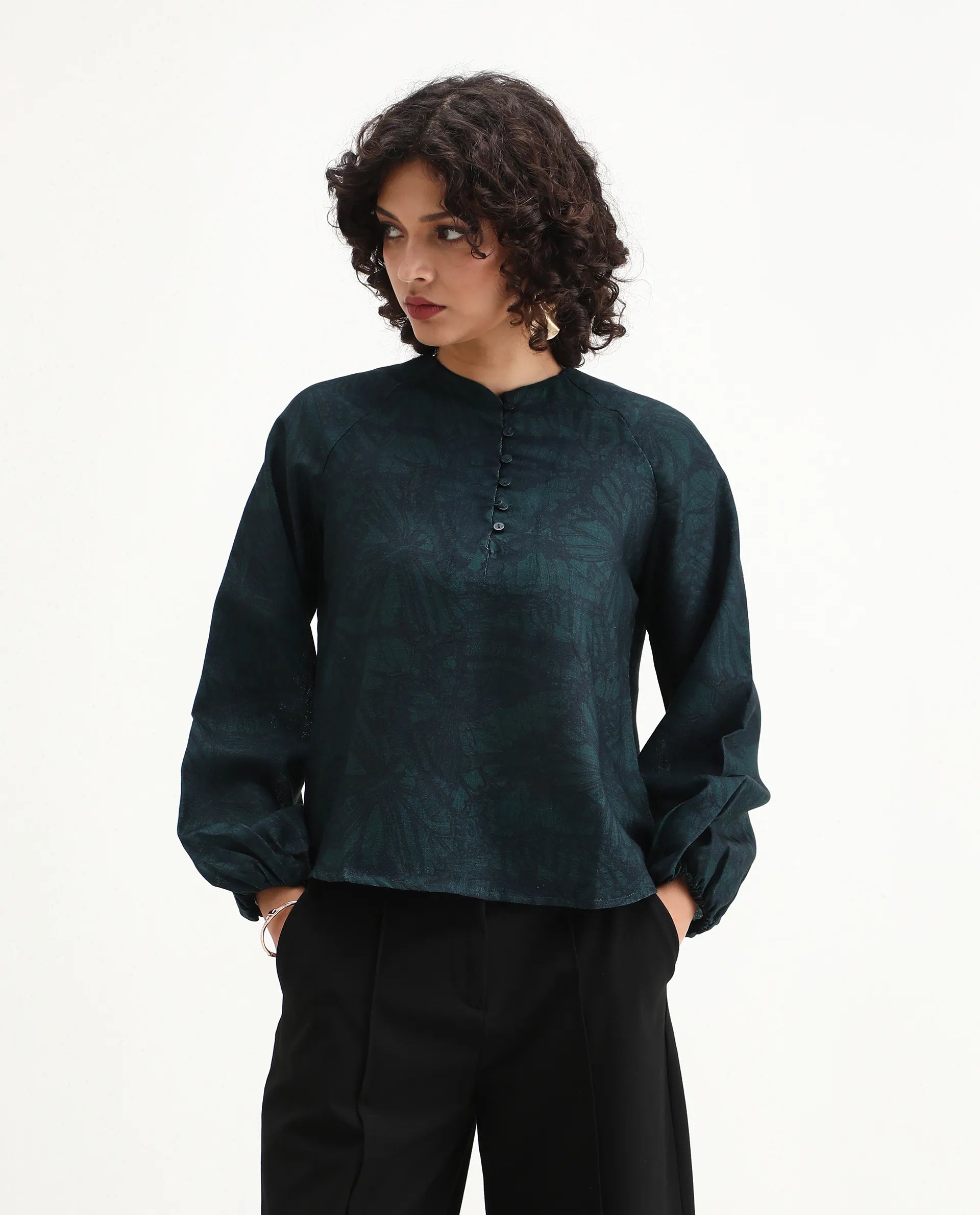 Rareism Women's Bhanism Teal Polyester Round Neck Abstract Print Bishop Sleeve Regular Fit Top