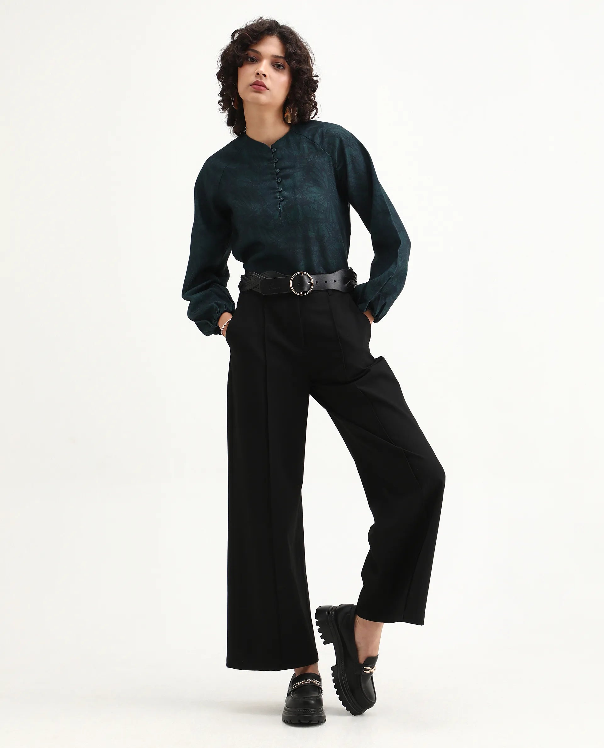 Rareism Women's Bhanism Teal Polyester Round Neck Abstract Print Bishop Sleeve Regular Fit Top