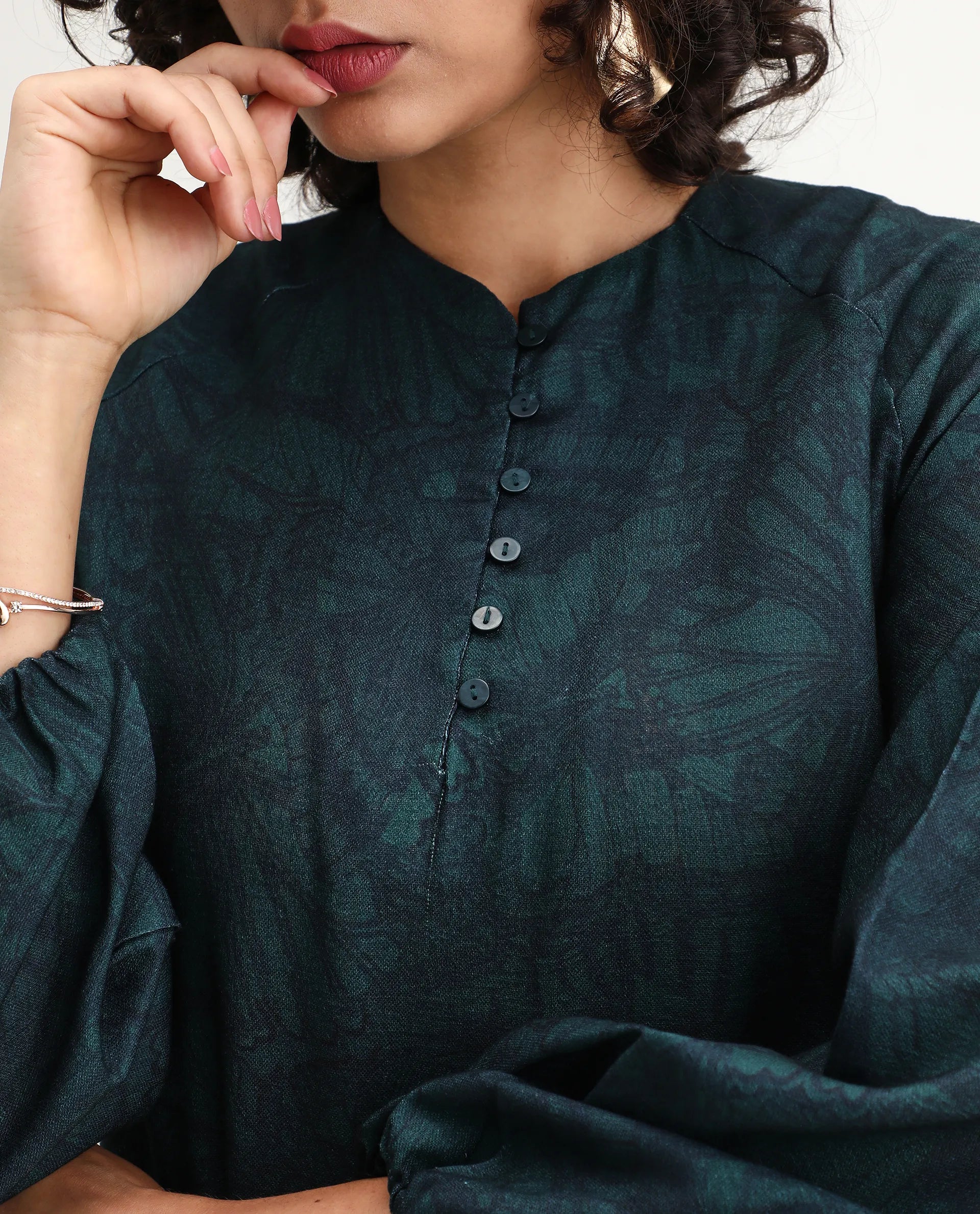 Rareism Women's Bhanism Teal Polyester Round Neck Abstract Print Bishop Sleeve Regular Fit Top