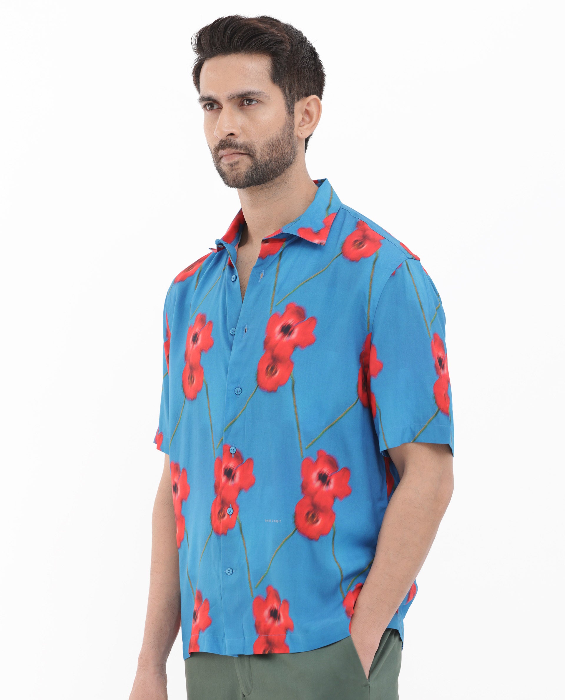 Rare Rabbit Mens Bloomer Flouroscent Blue Viscose Fabric Short Sleeve Boxy Fit Floral Print Shirt