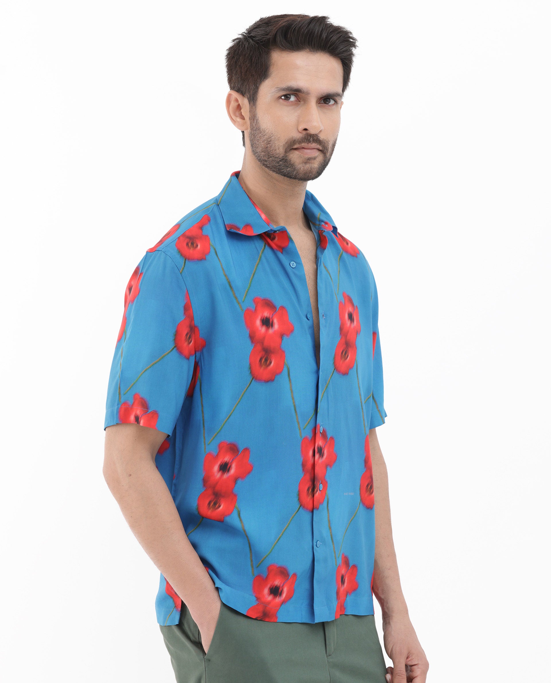 Rare Rabbit Mens Bloomer Flouroscent Blue Viscose Fabric Short Sleeve Boxy Fit Floral Print Shirt