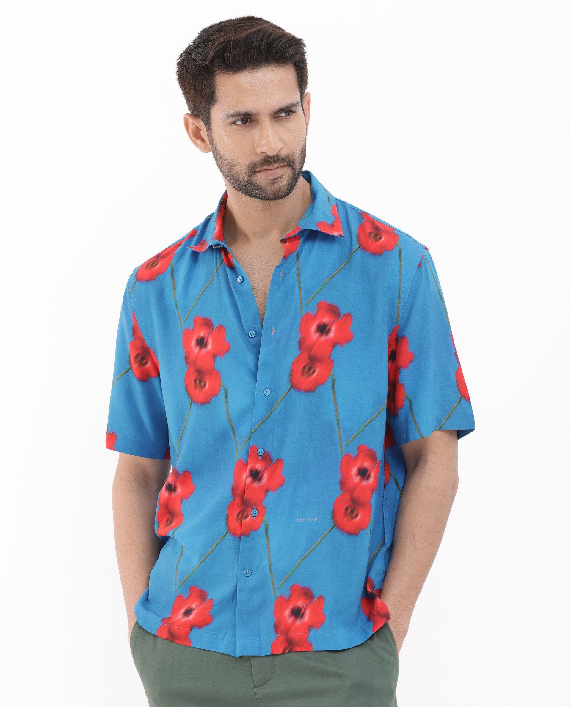 Rare Rabbit Mens Bloomer Flouroscent Blue Viscose Fabric Short Sleeve Boxy Fit Floral Print Shirt