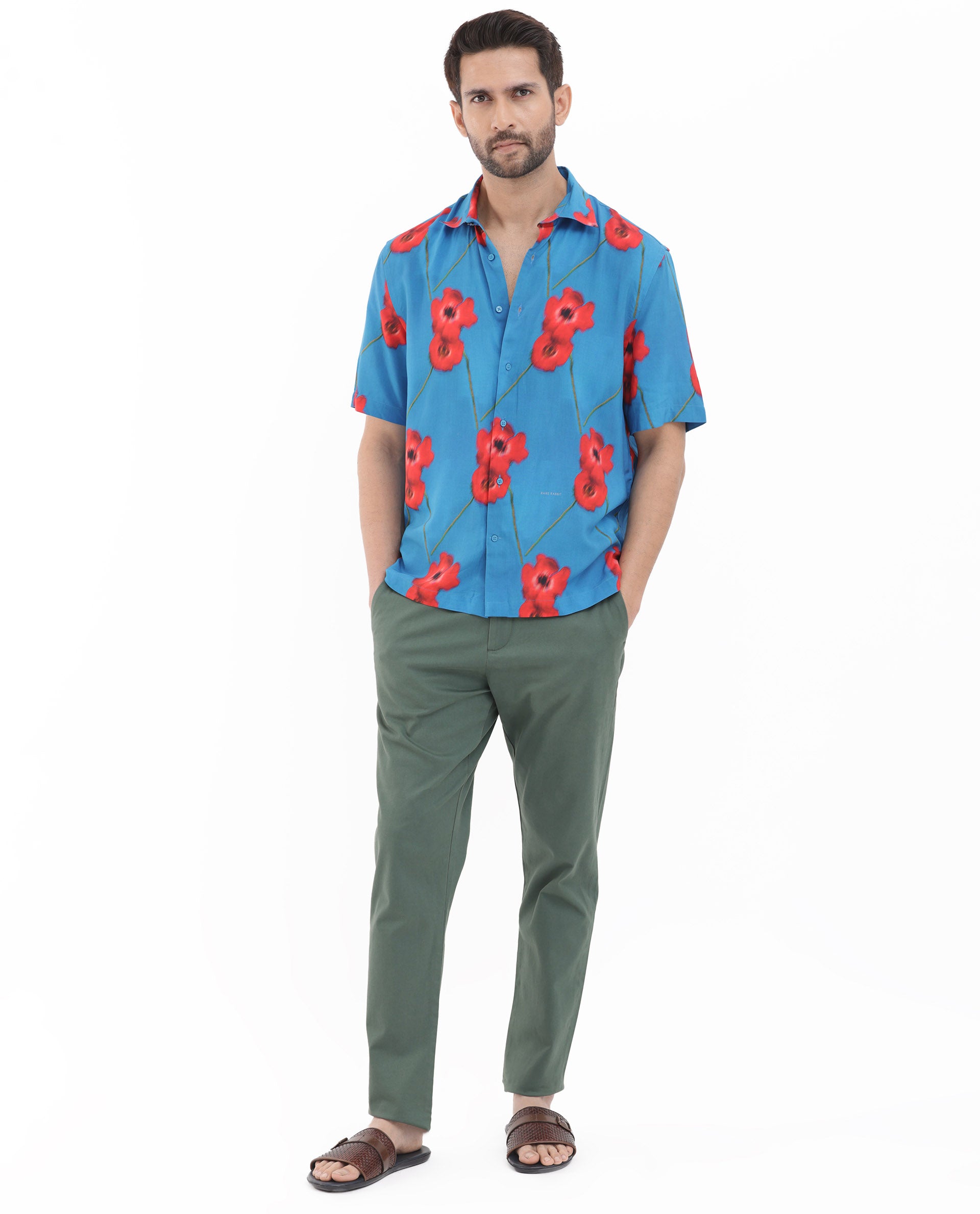 Rare Rabbit Mens Bloomer Flouroscent Blue Viscose Fabric Short Sleeve Boxy Fit Floral Print Shirt