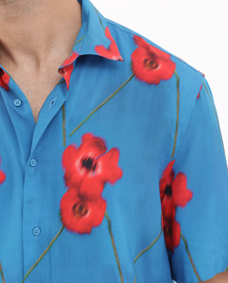 Rare Rabbit Mens Bloomer Flouroscent Blue Short Sleeve Floral Print Shirt