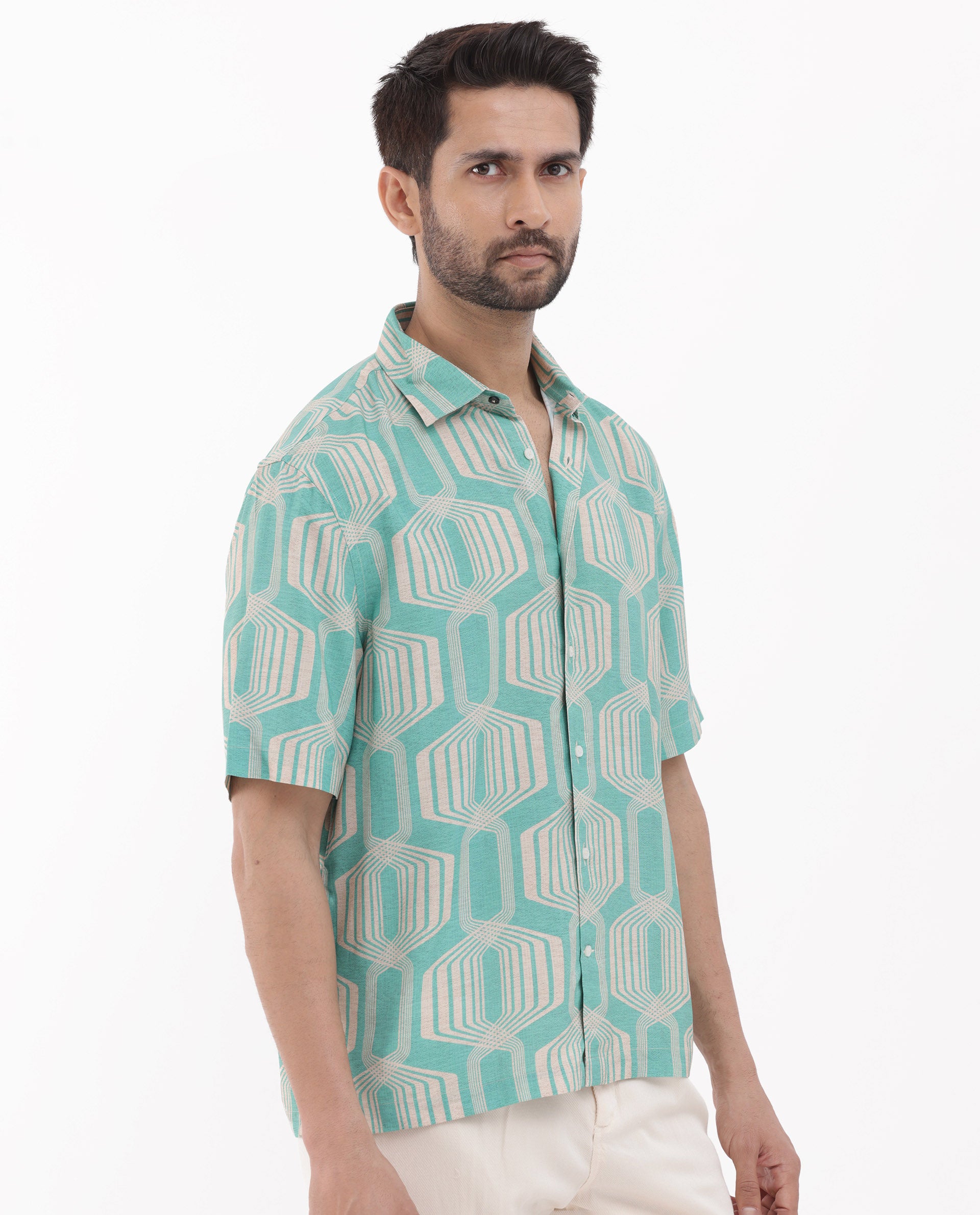 Rare Rabbit Mens Bomet Turq Viscose Fabric Short Sleeve Boxy Fit Geometric Print Shirt