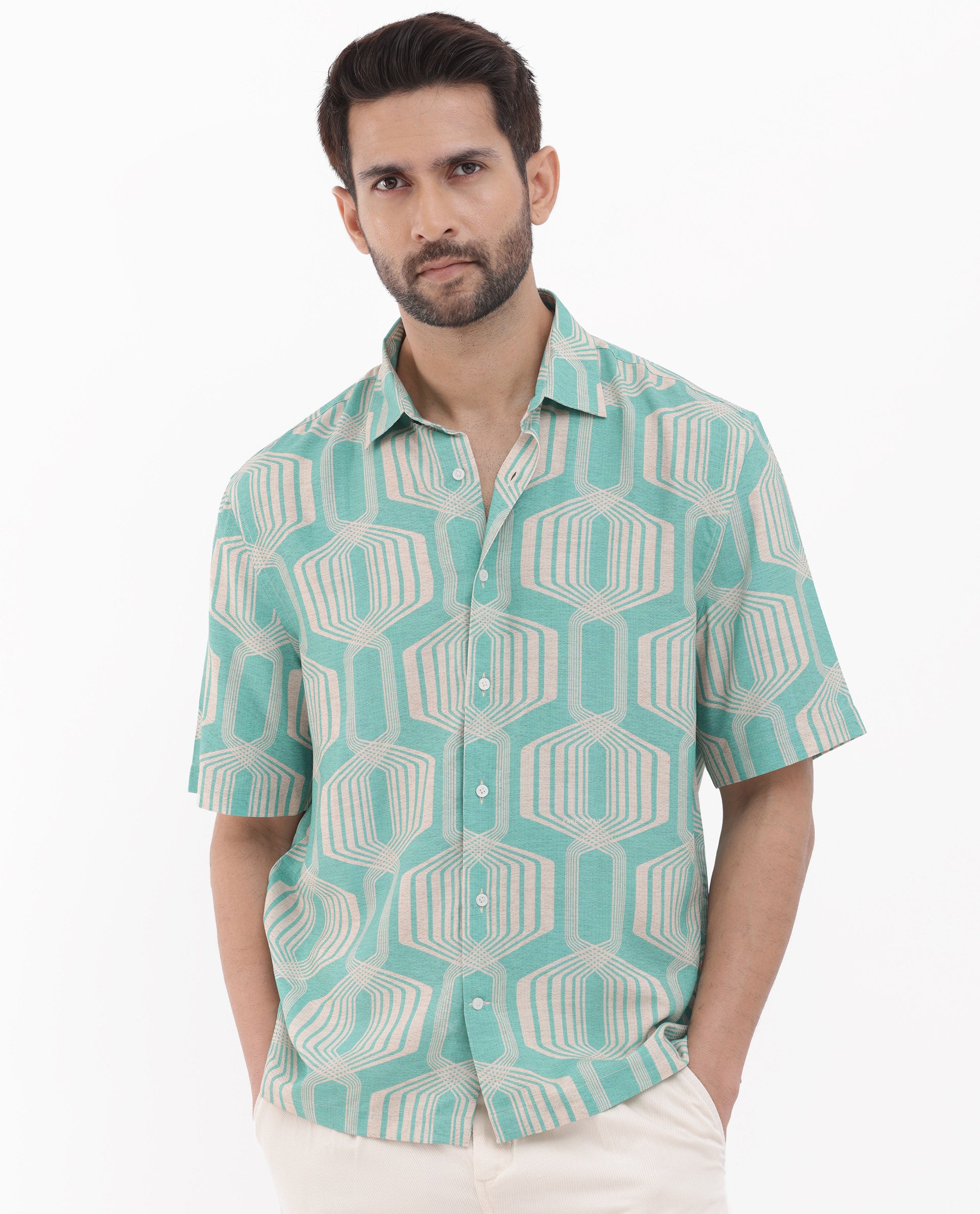 Rare Rabbit Mens Bomet Turq Viscose Fabric Short Sleeve Boxy Fit Geometric Print Shirt