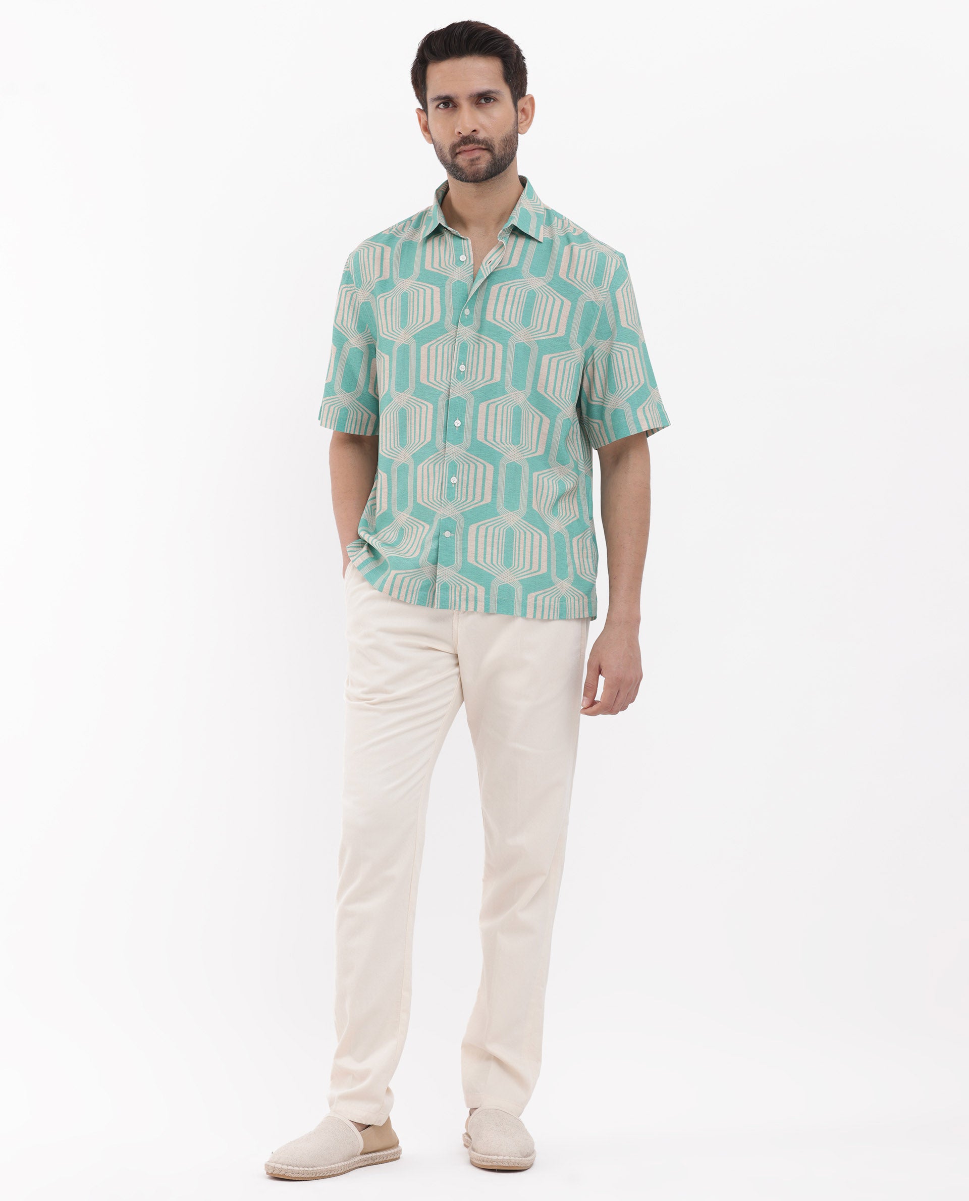 Rare Rabbit Mens Bomet Turq Viscose Fabric Short Sleeve Boxy Fit Geometric Print Shirt