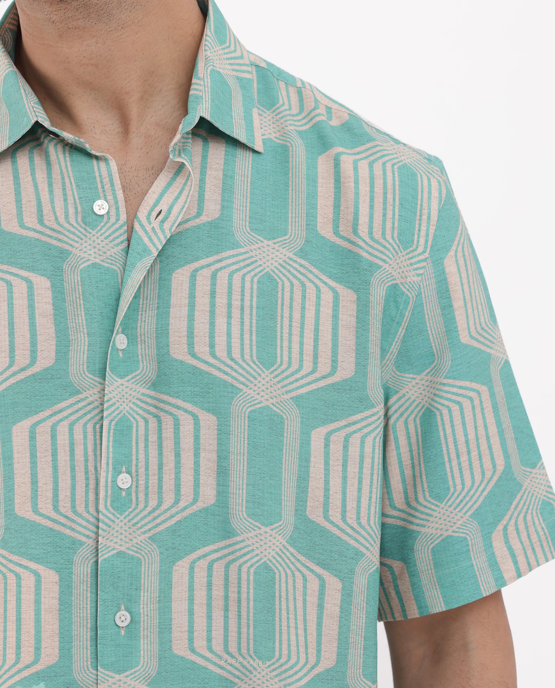 Rare Rabbit Mens Bomet Turq Viscose Fabric Short Sleeve Boxy Fit Geometric Print Shirt