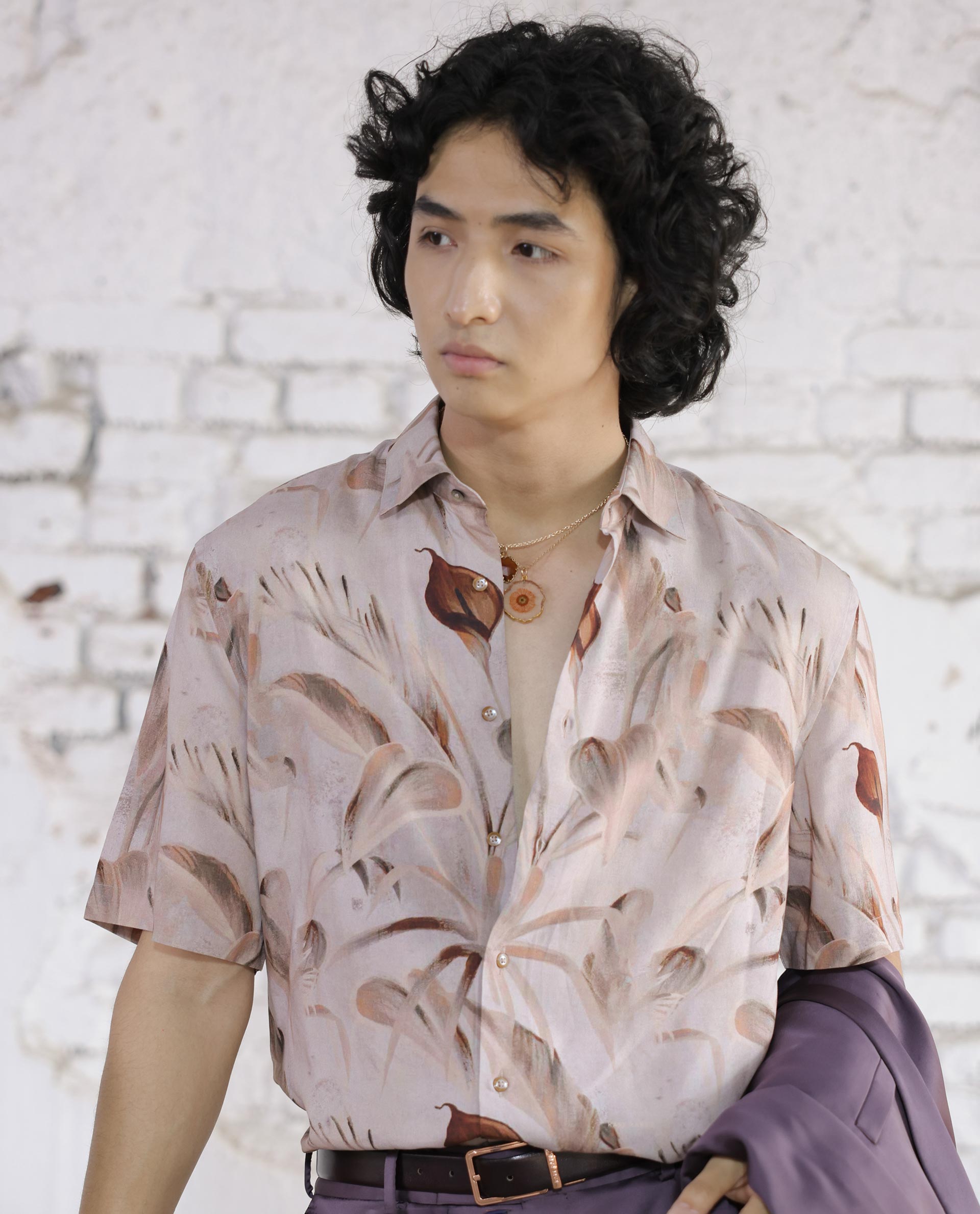 Rare Rabbit Men's Bowon-SS Light Brown Cotton Fabric Half Sleeves Tonal Tropical Print Shirt