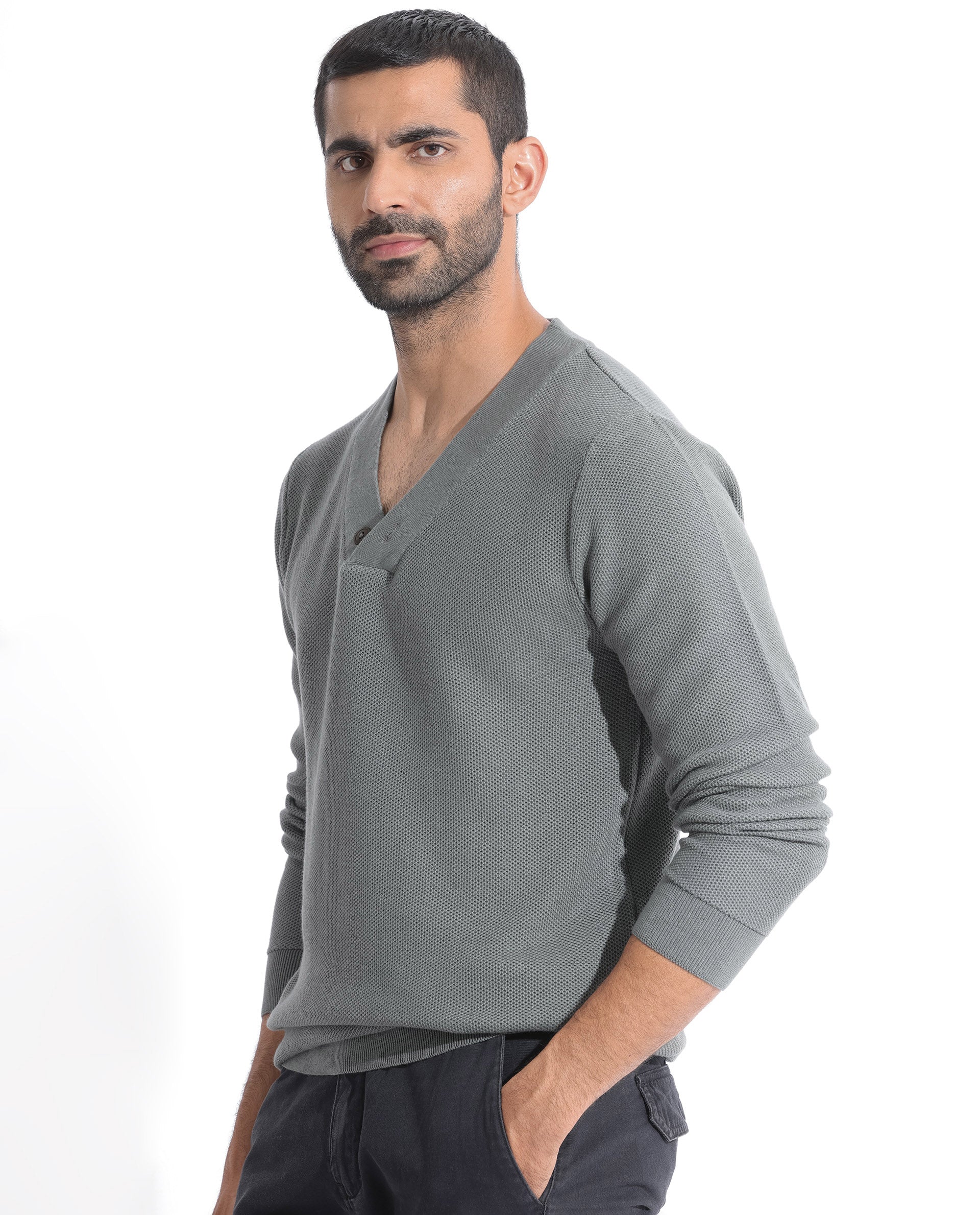 Rare Rabbit Mens Breeze Green Sweater Full Sleeve V-Neck Solid