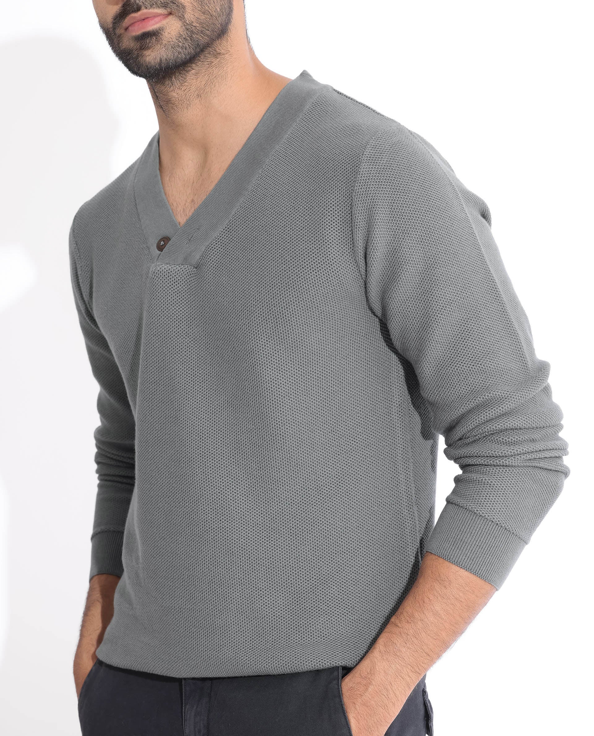 Rare Rabbit Mens Breeze Green Sweater Full Sleeve V-Neck Solid