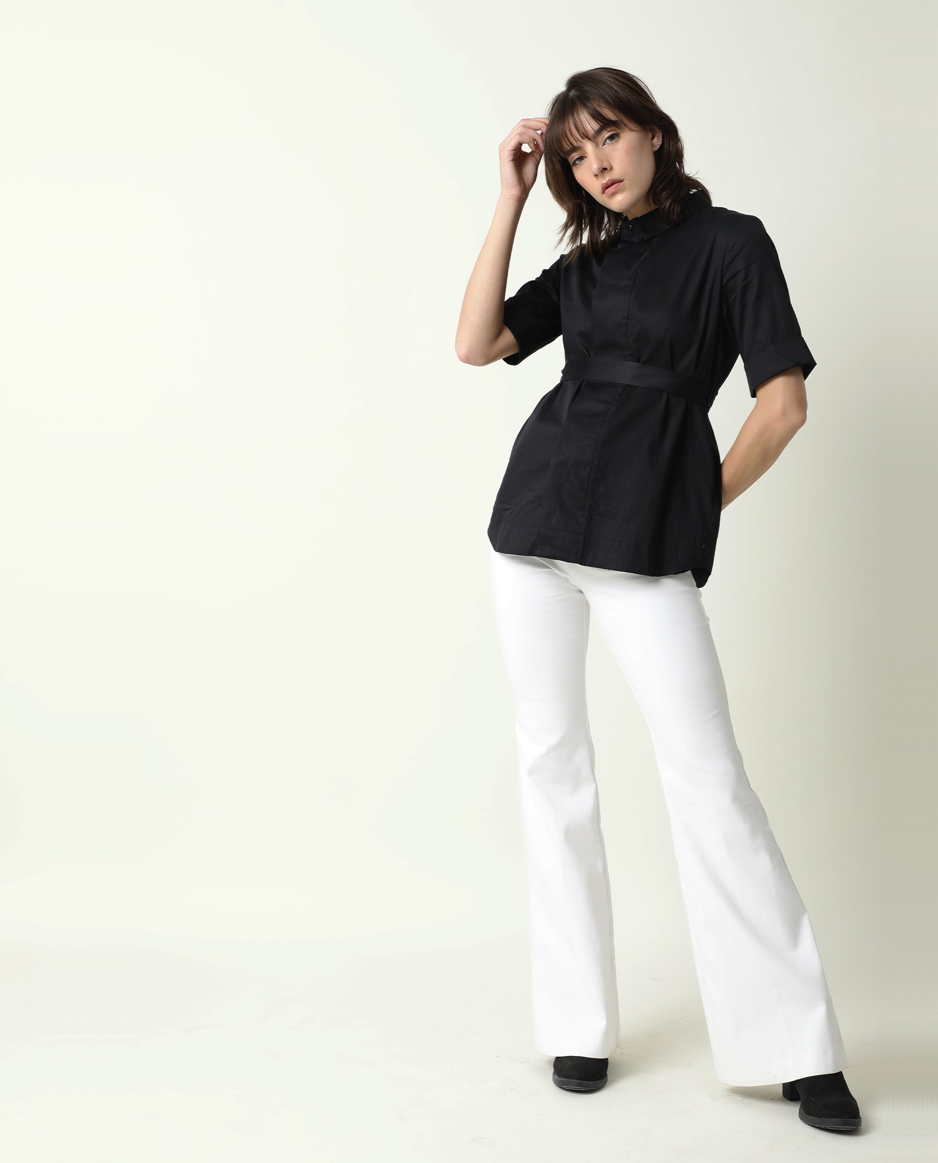 Rareism Womens Glitter Black Top Cotton Satin Fabric Regular Fit 3/4 Sleeve Collared Neck