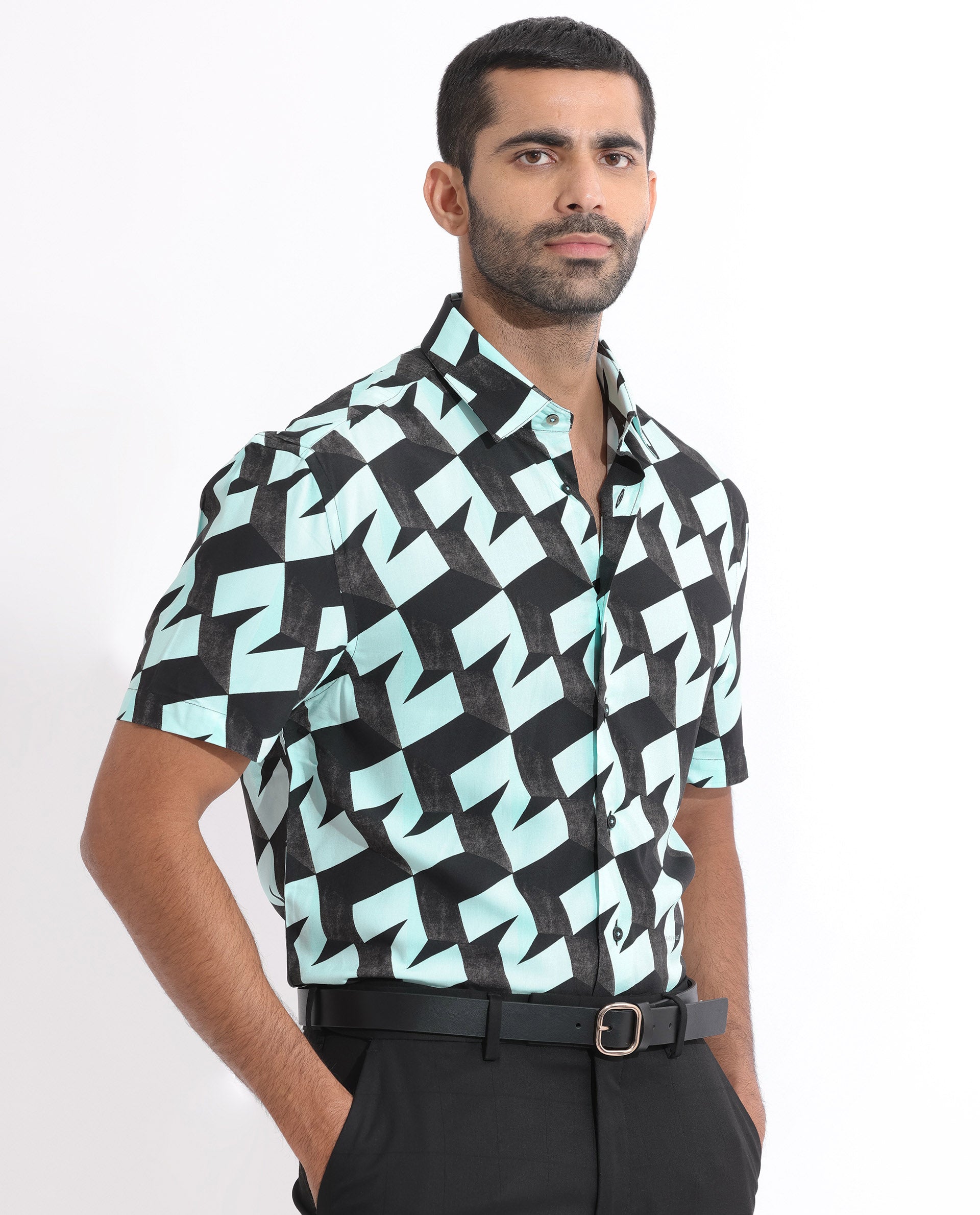 Rare Rabbit Men's Brimmer Light Blue Cotton Modal Fabric Geometric Print Half Sleeves Shirt