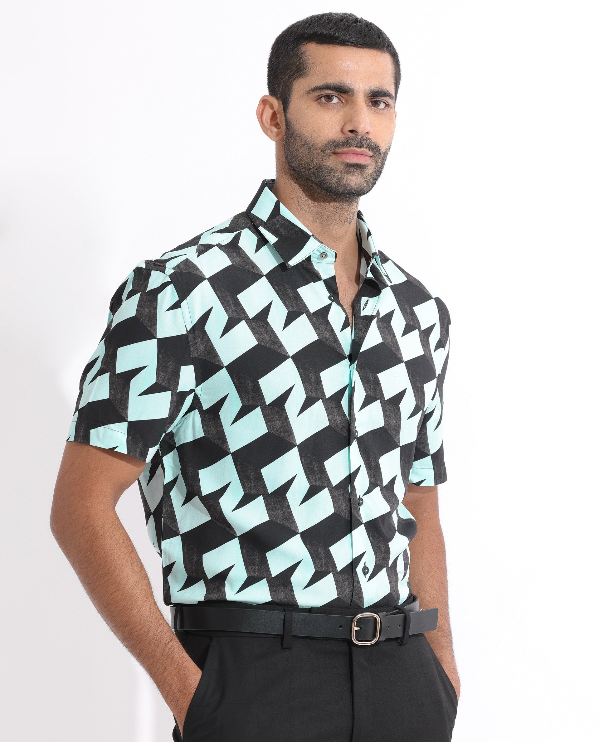 Rare Rabbit Men's Brimmer Light Blue Cotton Modal Fabric Geometric Print Half Sleeves Shirt